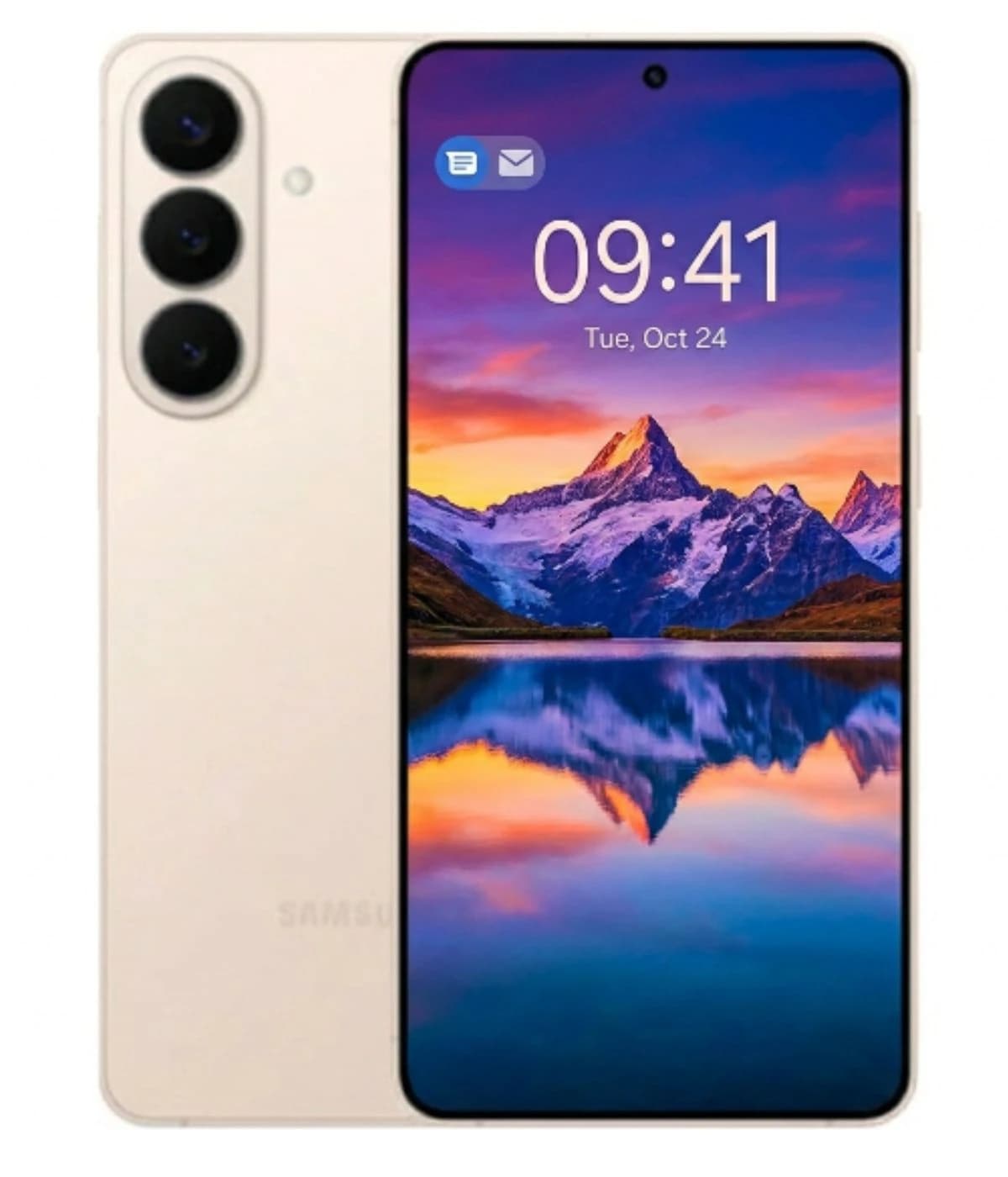 Samsung Galaxy A28 smartphone in beige color featuring a sleek design, triple rear camera setup, and vibrant display showcasing a scenic mountain landscape. The device is shown from the back and front, highlighting its modern aesthetics.