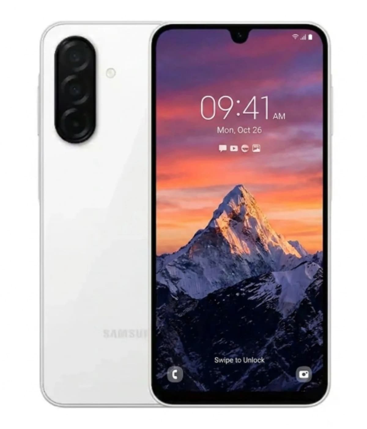 Samsung Galaxy A28 smartphone in white color featuring a vibrant display with a mountain landscape, showing time and date on the screen. The back showcases a sleek design with a triple camera setup.