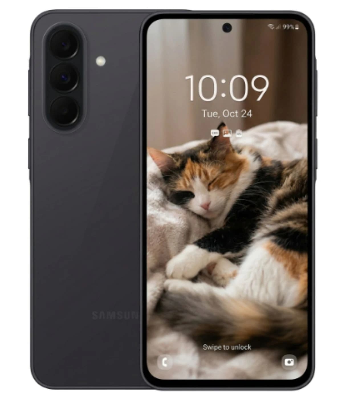 Samsung Galaxy A37 smartphone in sleek black color, featuring a vibrant display with a sleeping cat wallpaper. The device showcases a triple camera setup on the back and a modern design, ideal for tech enthusiasts. Perfect for everyday use.