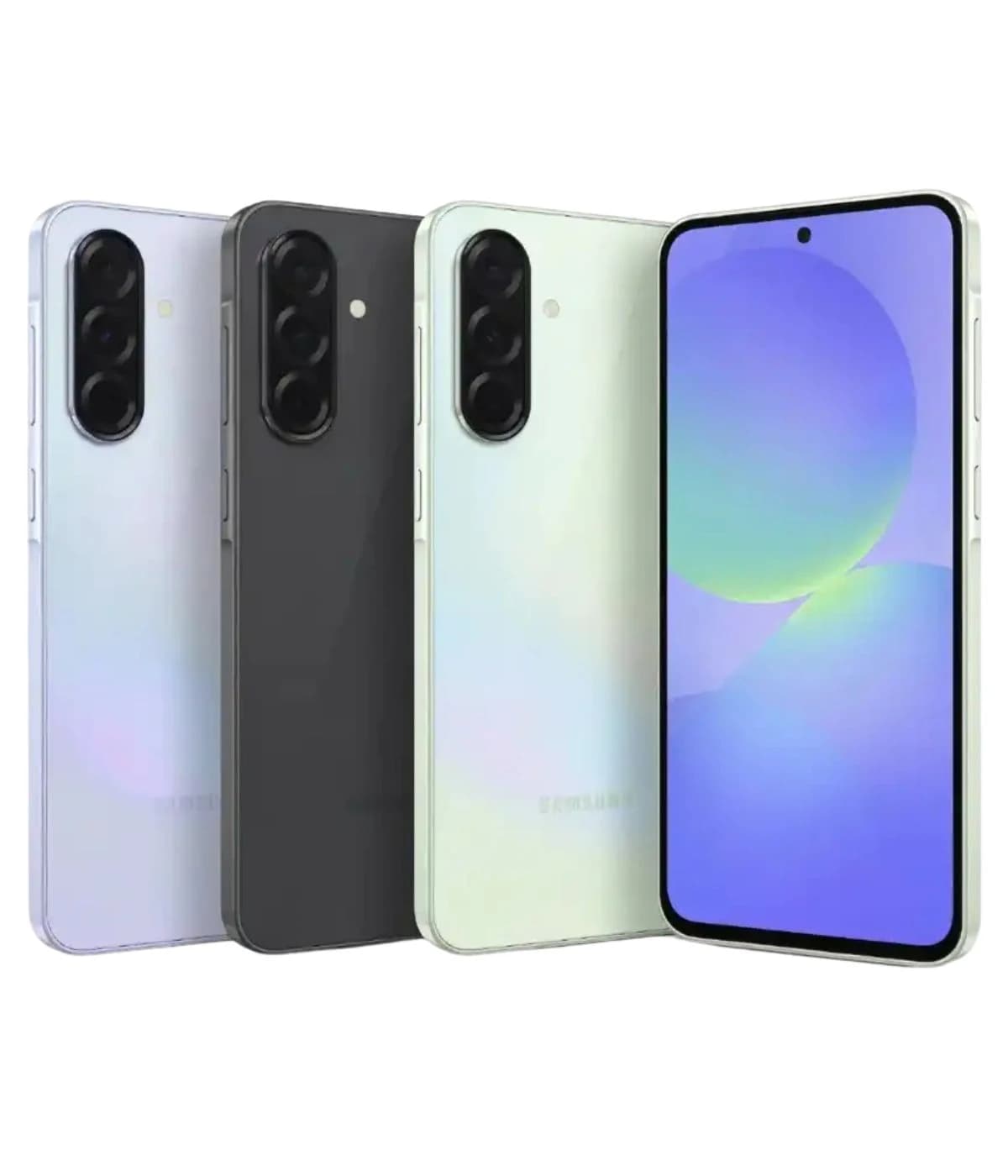 Samsung Galaxy A37 smartphone in three color variants: silver, black, and green. Features a sleek design with a vibrant display and triple camera setup on the back. Front view showcases the large screen and minimal bezels.