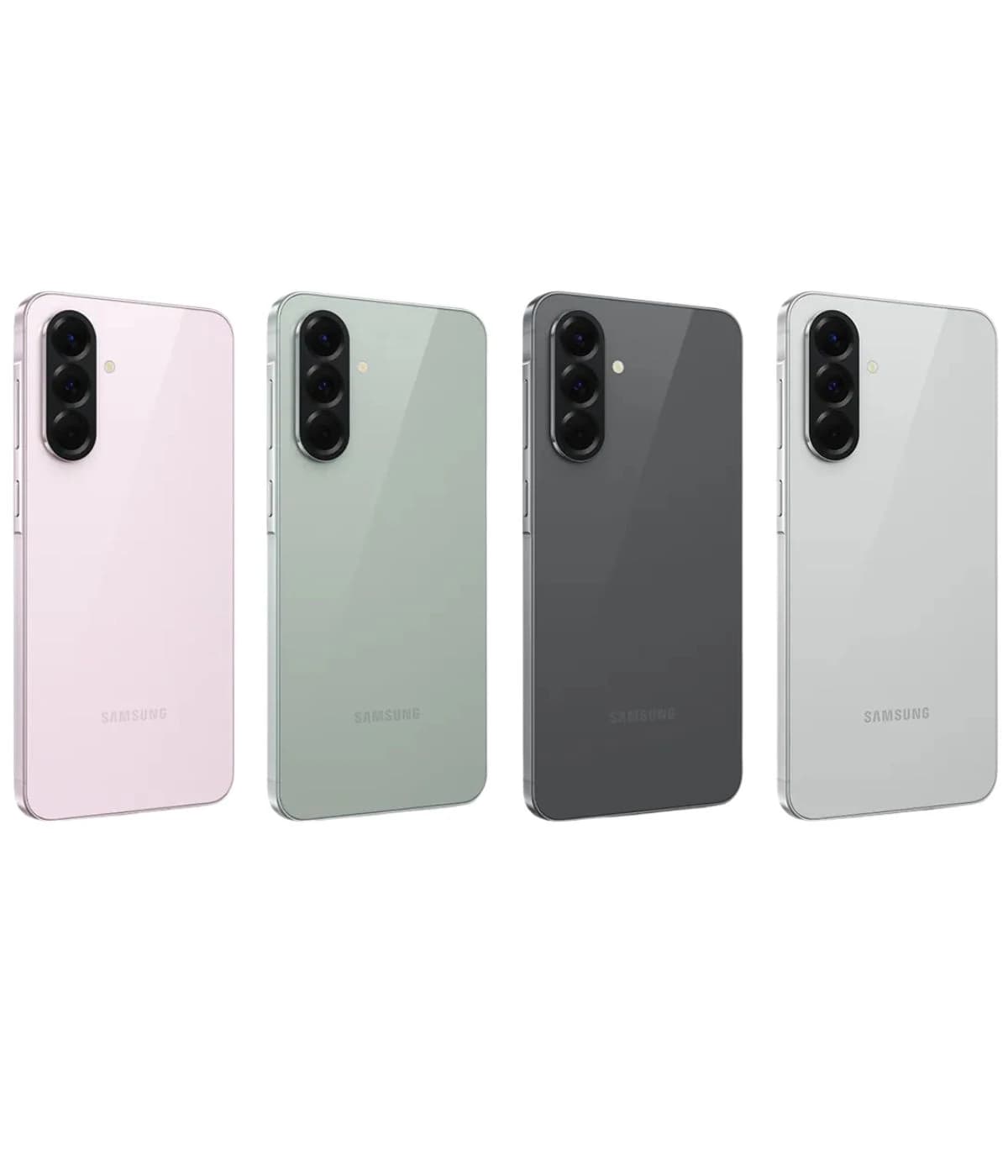 Samsung Galaxy A56 smartphone available in four stylish colors: pastel pink, mint green, sleek black, and pristine white. Each phone features a triple camera setup and a glossy finish, showcasing modern design aesthetics.