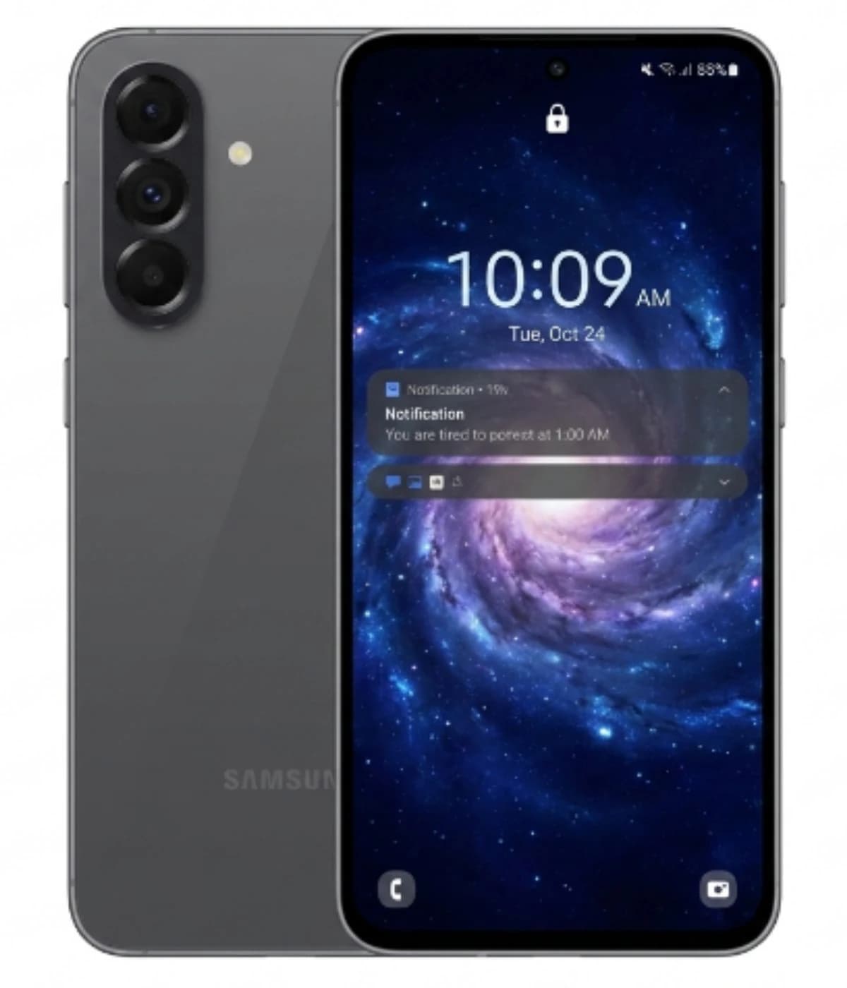 Samsung Galaxy A56 smartphone in sleek gray color featuring a vibrant display with a cosmic wallpaper, showing the time and notifications. The device has a triple camera setup on the back, emphasizing its modern design.