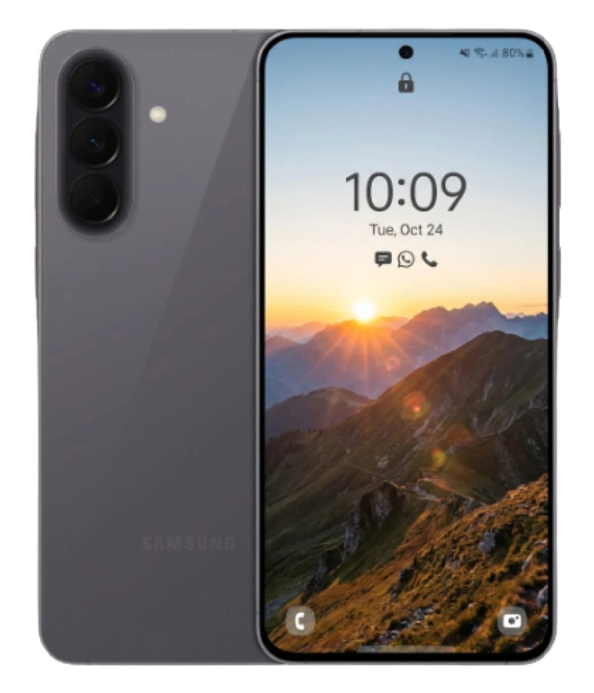 Samsung Galaxy A57 smartphone in gray color featuring a stunning display with a scenic mountain sunset wallpaper. The device showcases a sleek design with three rear cameras and a front-facing display.