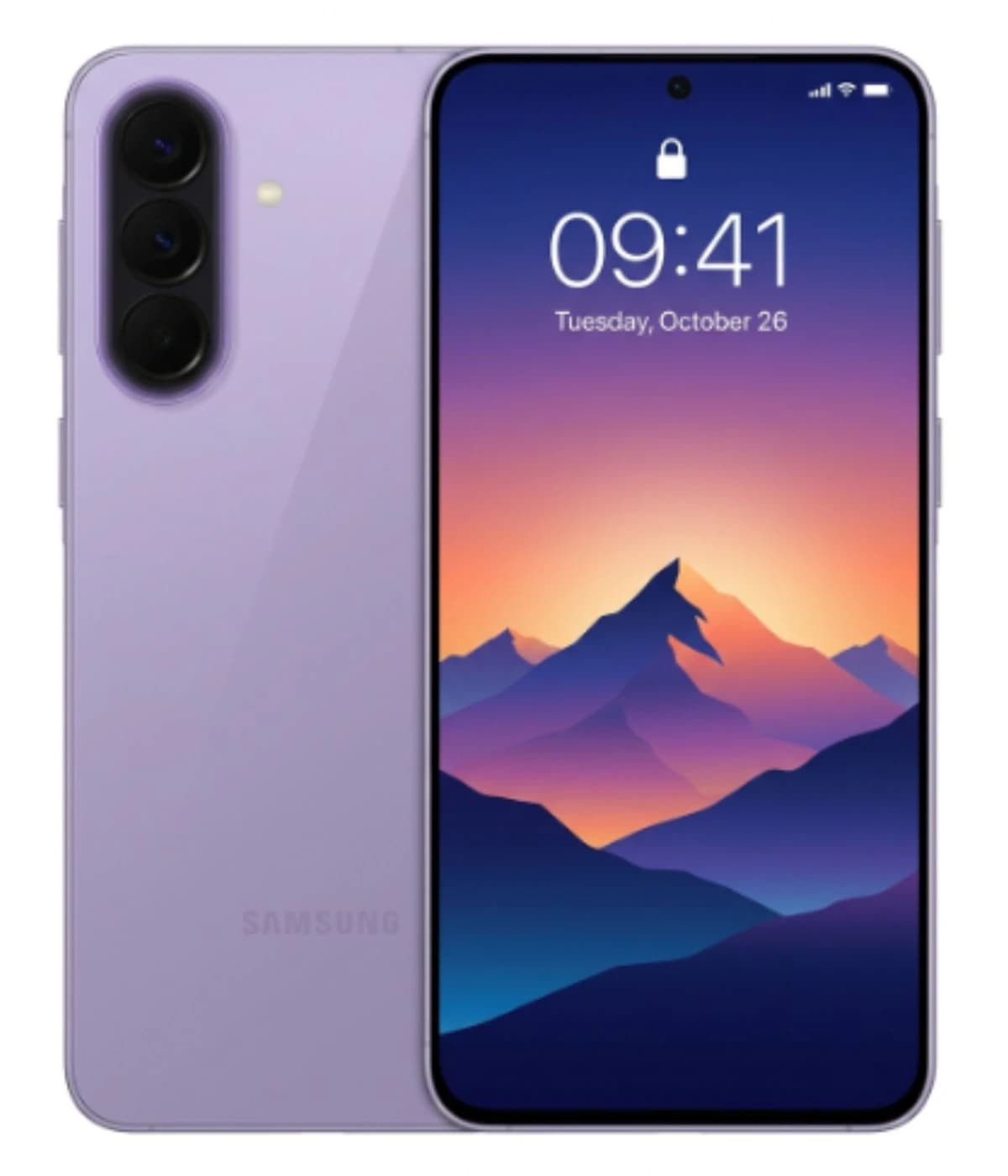 Samsung Galaxy A57 smartphone in lavender color featuring a sleek design, triple rear camera setup, and vibrant display showcasing a mountain landscape. The device is shown from the front and back, highlighting its modern aesthetics.