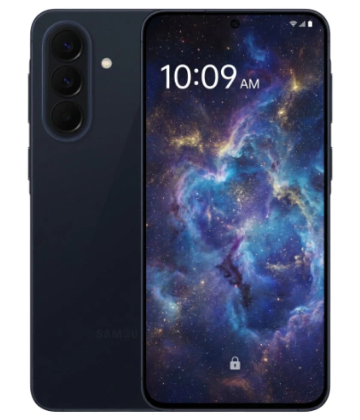 Samsung Galaxy A57 smartphone in dark blue color, featuring a vibrant cosmic wallpaper on the display. The device showcases a sleek design with three rear cameras and a front-facing display. Perfect for tech enthusiasts seeking style and…