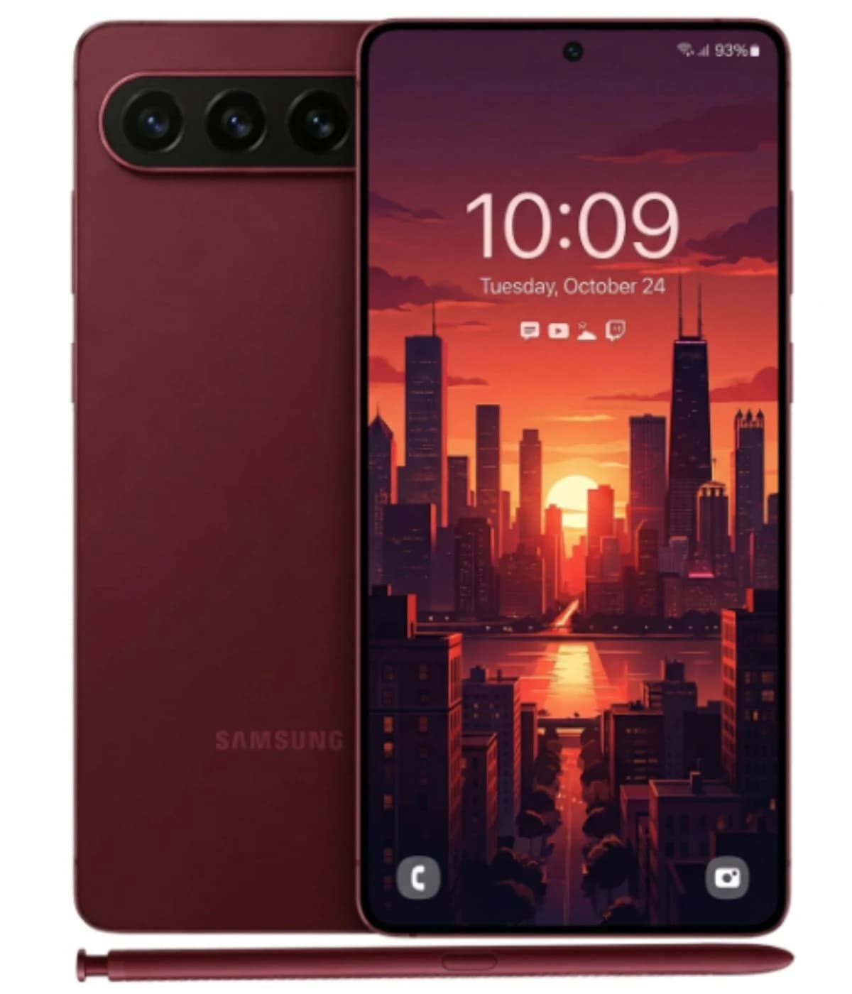 Samsung Galaxy S27 Ultra smartphone in burgundy color featuring a vibrant sunset-themed display, showcasing a sleek design with a triple camera setup and stylus. Perfect for tech enthusiasts.