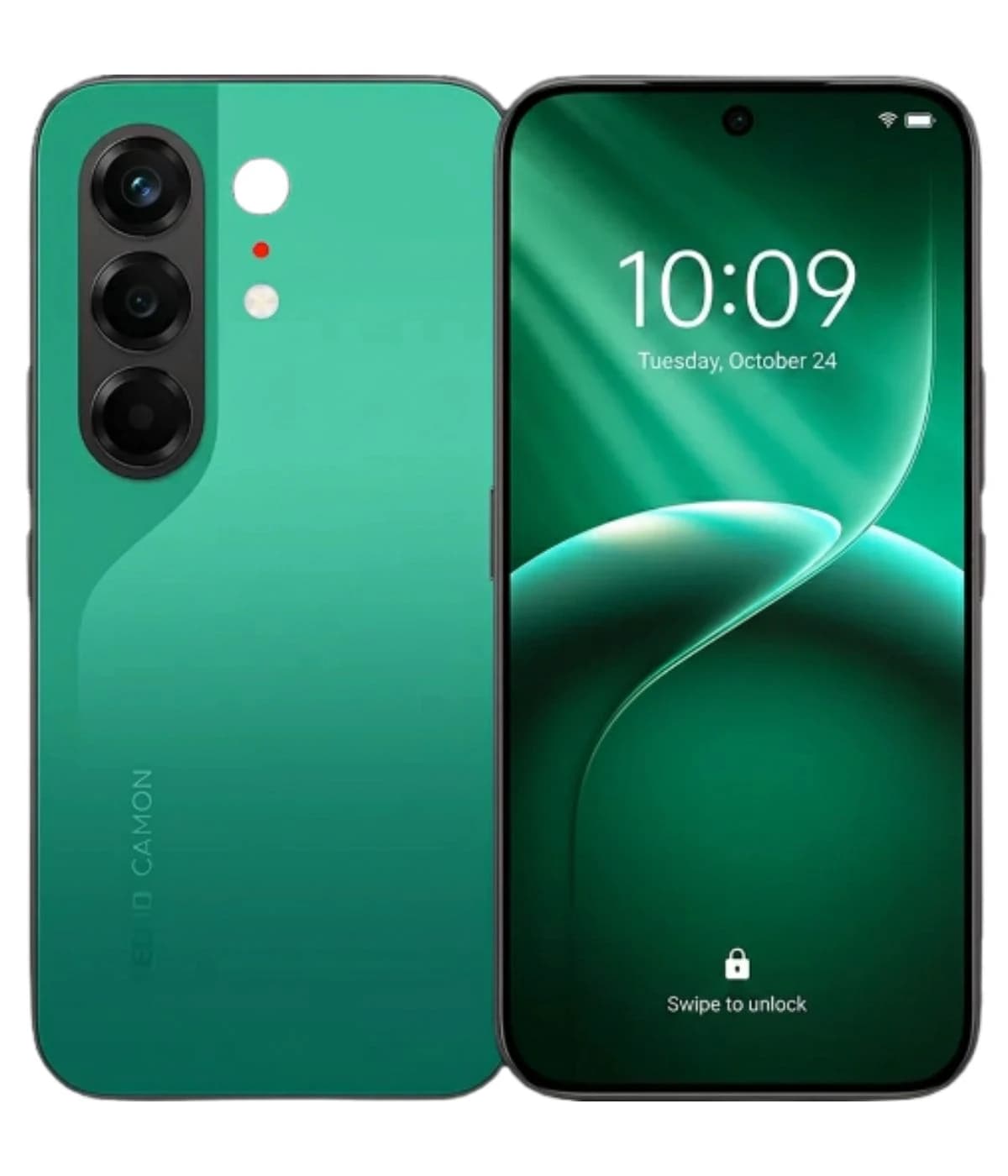 Tecno Camon 50 smartphone in vibrant green color featuring a sleek design, triple rear camera setup, and a modern front display with a lock screen showing the time. The device is displayed against a plain background, highlighting its glossy finish…