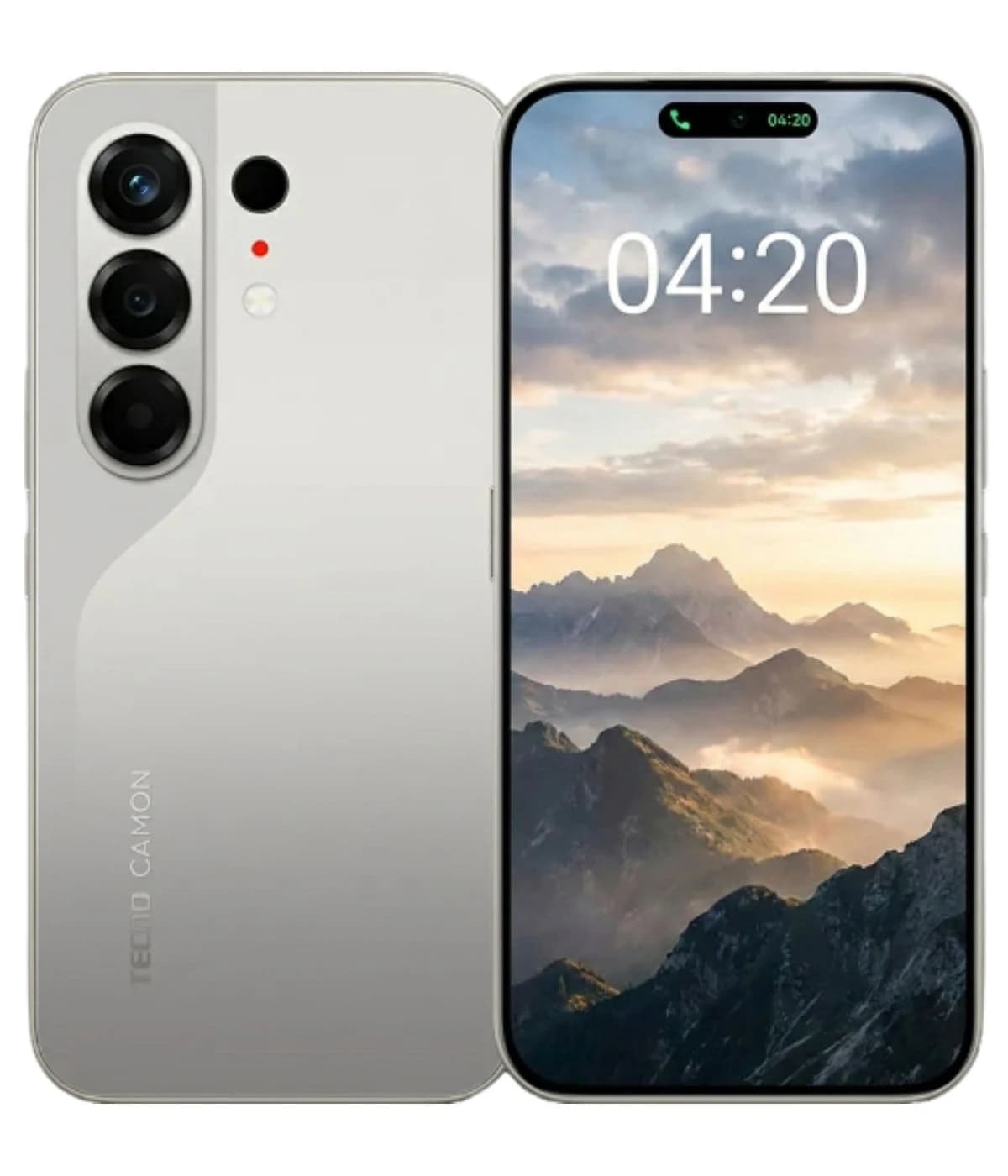 Tecno Camon 50 smartphone in sleek silver finish, featuring a triple camera setup on the back and a vibrant display showcasing a mountain landscape. The device displays the time 04:20, highlighting its modern design and functionality.