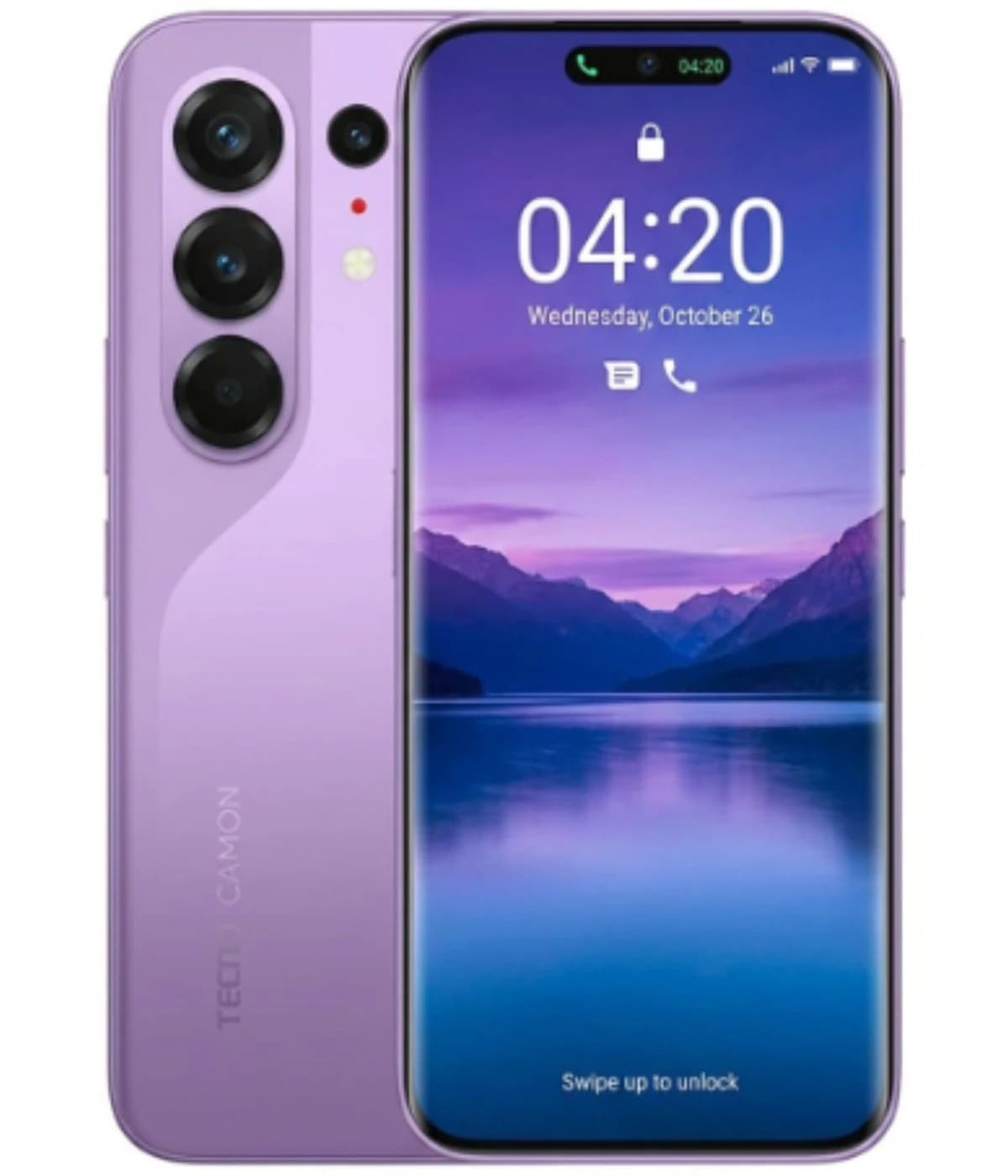 Tecno Camon 50 Pro smartphone in a stylish purple color with a sleek design. Features a vibrant display showing a scenic mountain view and time. The back showcases a triple camera setup, enhancing photography capabilities.