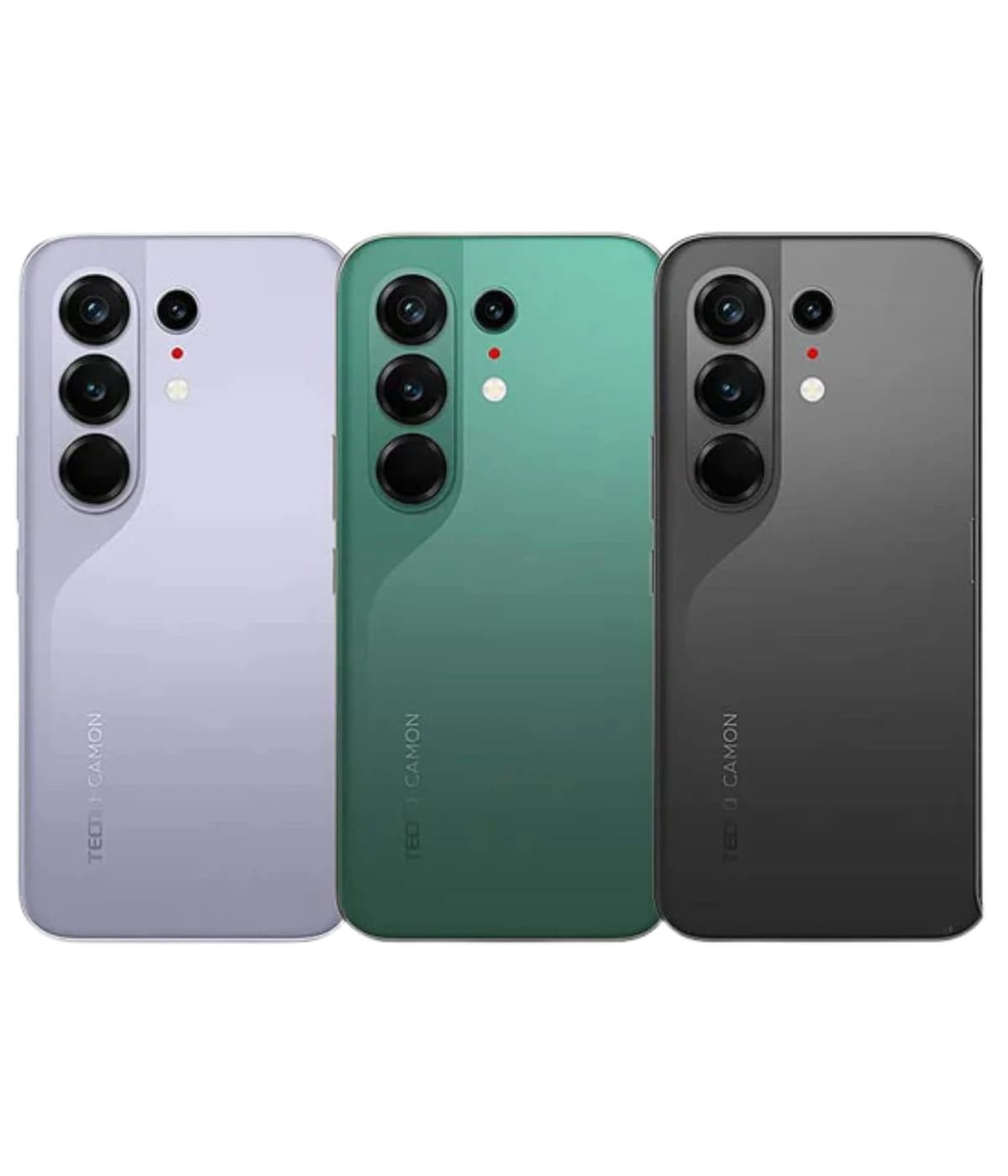 Tecno Camon 50 Pro smartphone in three colors: lavender, green, and black. Each phone features a sleek design with a dual-camera setup and a smooth finish. The brand logo is visible on the back of each device.