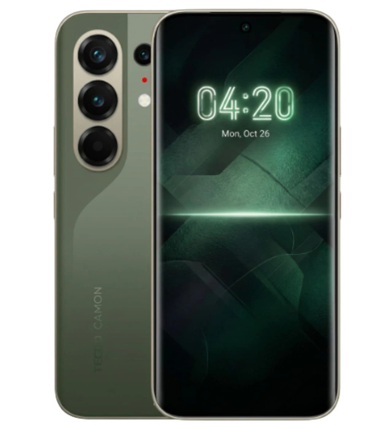Tecno Camon 50 Pro smartphone in green color featuring a sleek design, triple rear camera setup, and a vibrant display showing the time 04:20. The device has a modern aesthetic with a glossy finish.