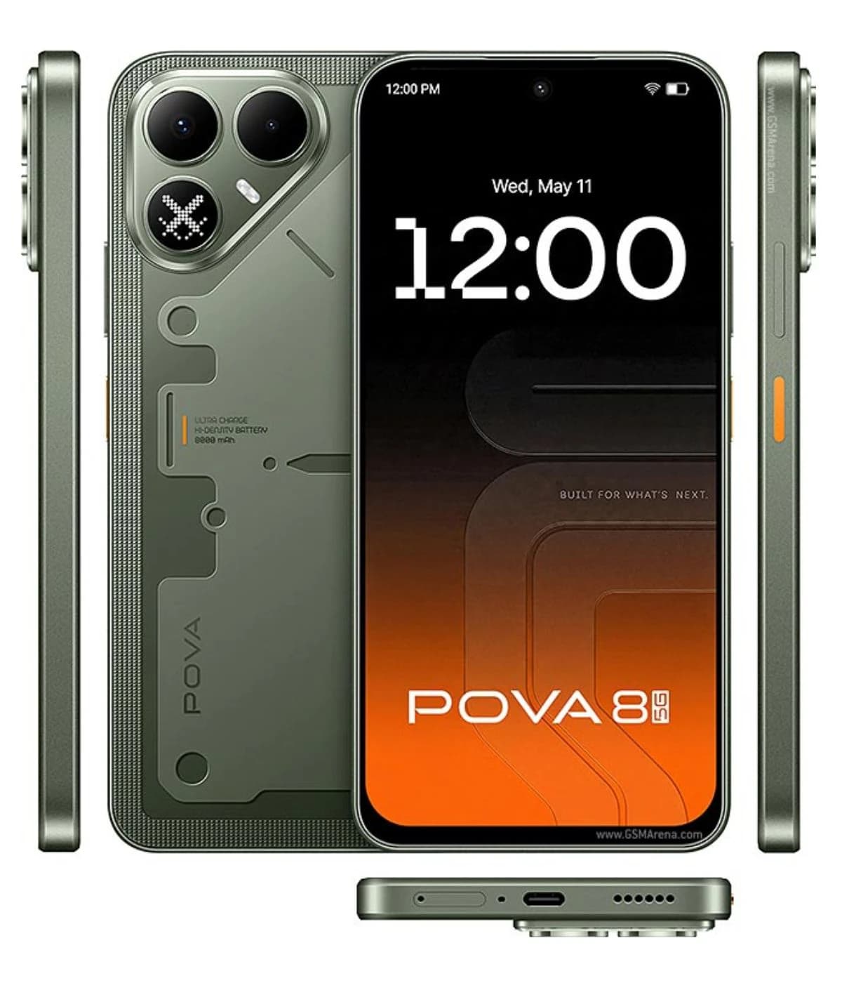 Tecno Pova 8 smartphone in green color, featuring a sleek design with dual rear cameras and a vibrant display showing the time. The device has a modern aesthetic with a textured back and is viewed from multiple angles.