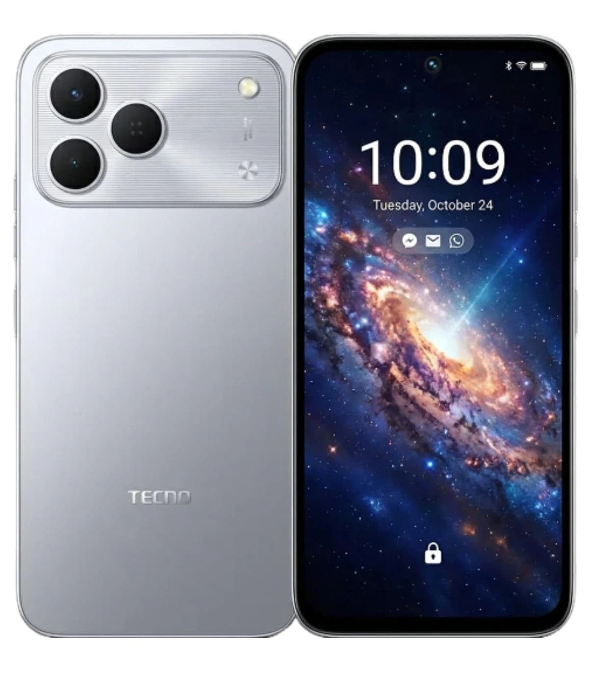 Tecno Spark 50 smartphone featuring a sleek silver design with a triple-camera setup on the back and a vibrant display showcasing a galaxy wallpaper. The device is shown from the front and back, highlighting its modern aesthetics.