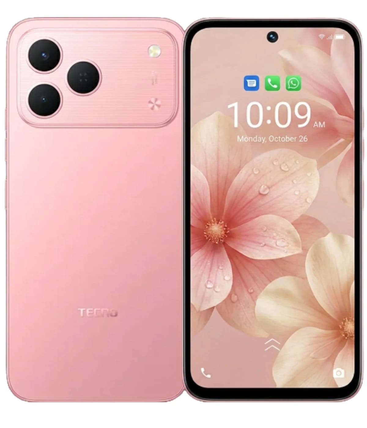 Tecno Spark 50 smartphone in soft pink color featuring a sleek design, triple rear camera setup, and a vibrant floral wallpaper on the display. The device showcases a modern aesthetic with rounded edges and a glossy finish.