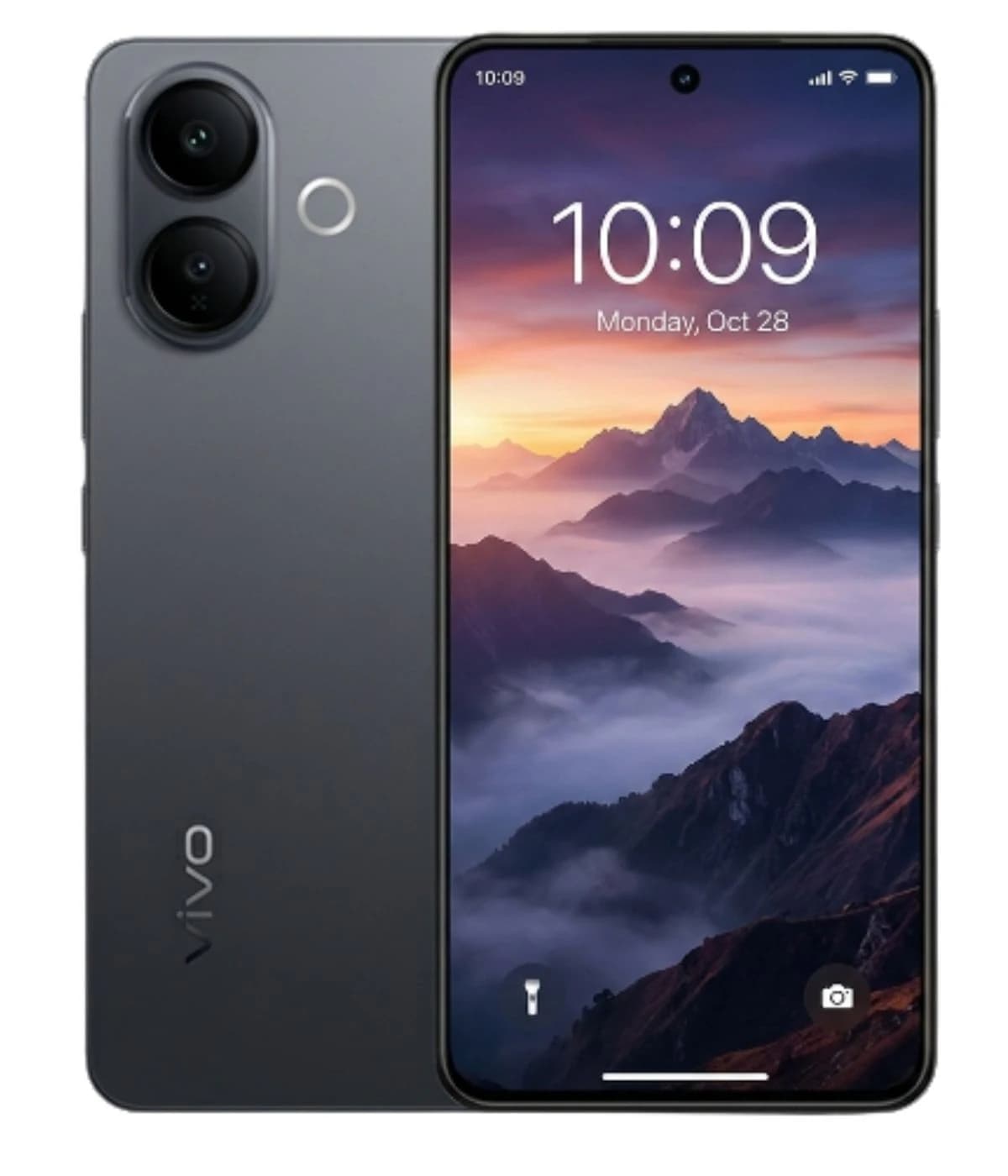 Vivo V60 Lite smartphone in sleek black design featuring dual rear cameras, vibrant display with mountain scenery, and a modern interface. The device showcases a minimalist aesthetic with a smooth finish and a central punch-hole camera.