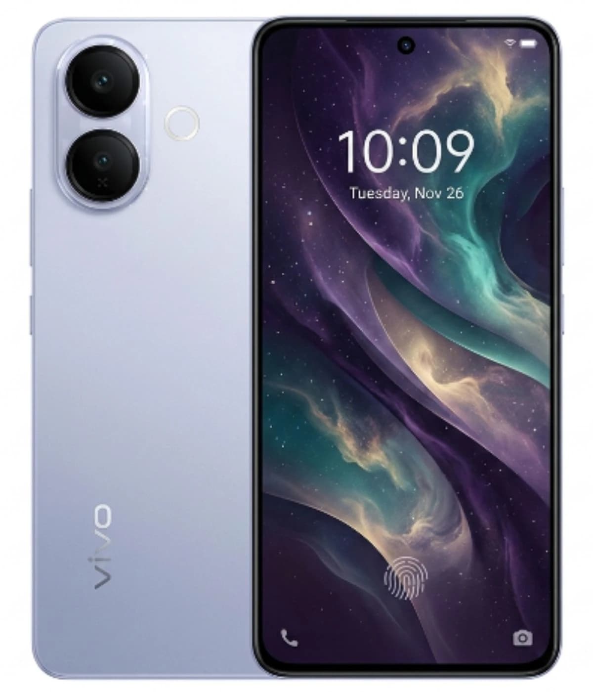 Vivo V60 Lite smartphone in a sleek light blue color featuring a dual-camera setup on the back, a vibrant display with a fingerprint sensor, and a modern design. The screen showcases a cosmic-themed wallpaper, enhancing its aesthetic appeal.