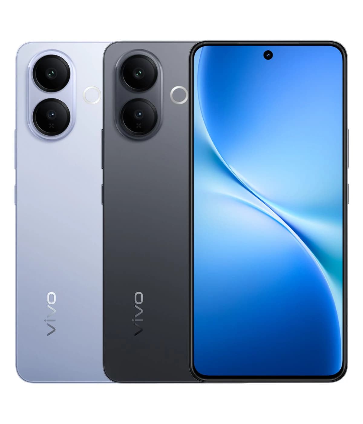 Vivo V60 Lite smartphone featuring a sleek design in two colors: light blue and dark gray. The device showcases dual rear cameras and a vibrant display with a minimal bezel. Perfect for tech enthusiasts seeking style and performance.