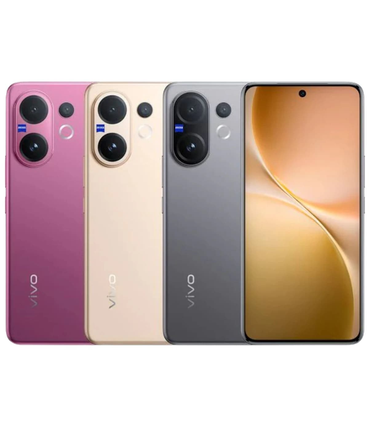 Vivo V60 smartphone in four colors: pink, gold, gray, and black. Features dual rear cameras with Zeiss optics, sleek design, and a large display. Perfect for photography enthusiasts and tech lovers.
