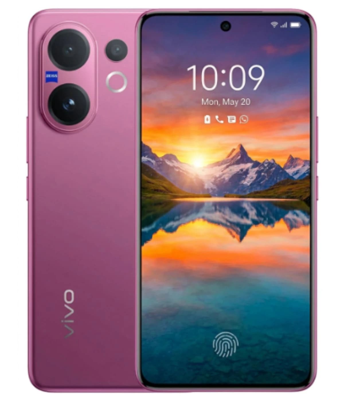 Vivo V60 smartphone in a stylish pink color, featuring a dual-camera setup with ZEISS optics, a vibrant display showcasing a scenic sunset, and an in-display fingerprint sensor. The sleek design highlights the brand logo on the back.