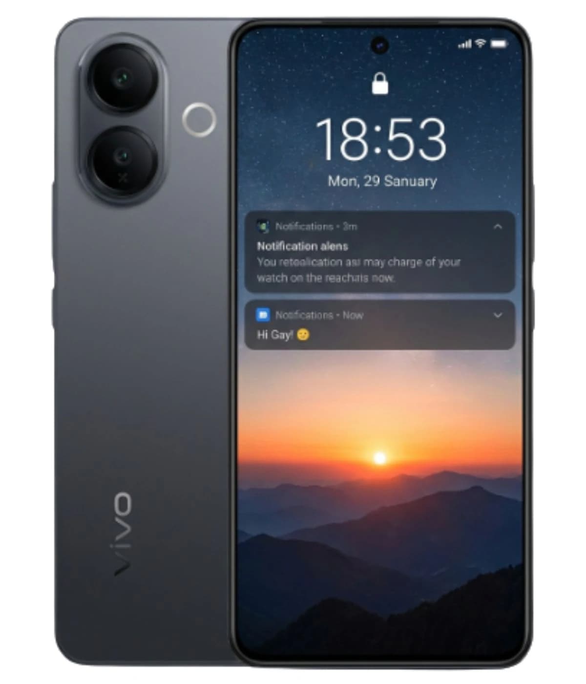 Vivo V70 Lite smartphone in sleek gray finish, featuring dual rear cameras and a vibrant display showcasing a sunset landscape. The device displays notifications on the screen, emphasizing its modern design and functionality.