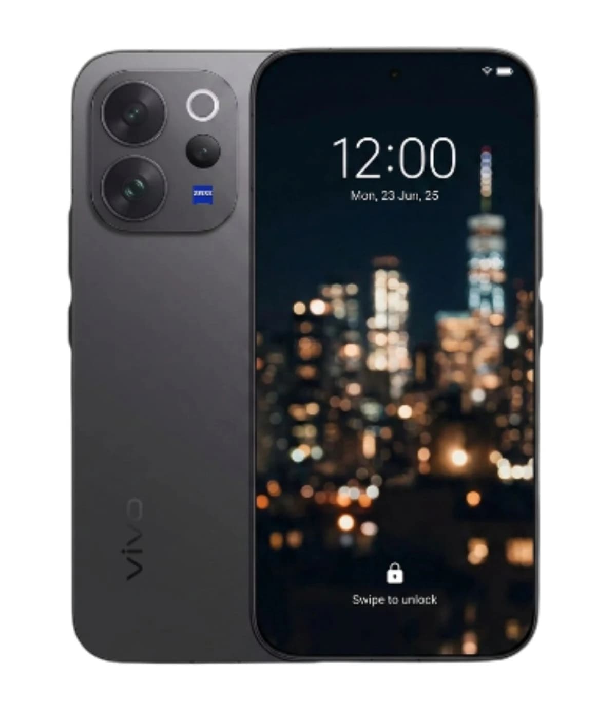 Vivo V70 smartphone in sleek black design featuring a dual-camera setup with Zeiss optics. Display shows a nighttime cityscape with a lock screen. Front view highlights its modern aesthetics and premium build.