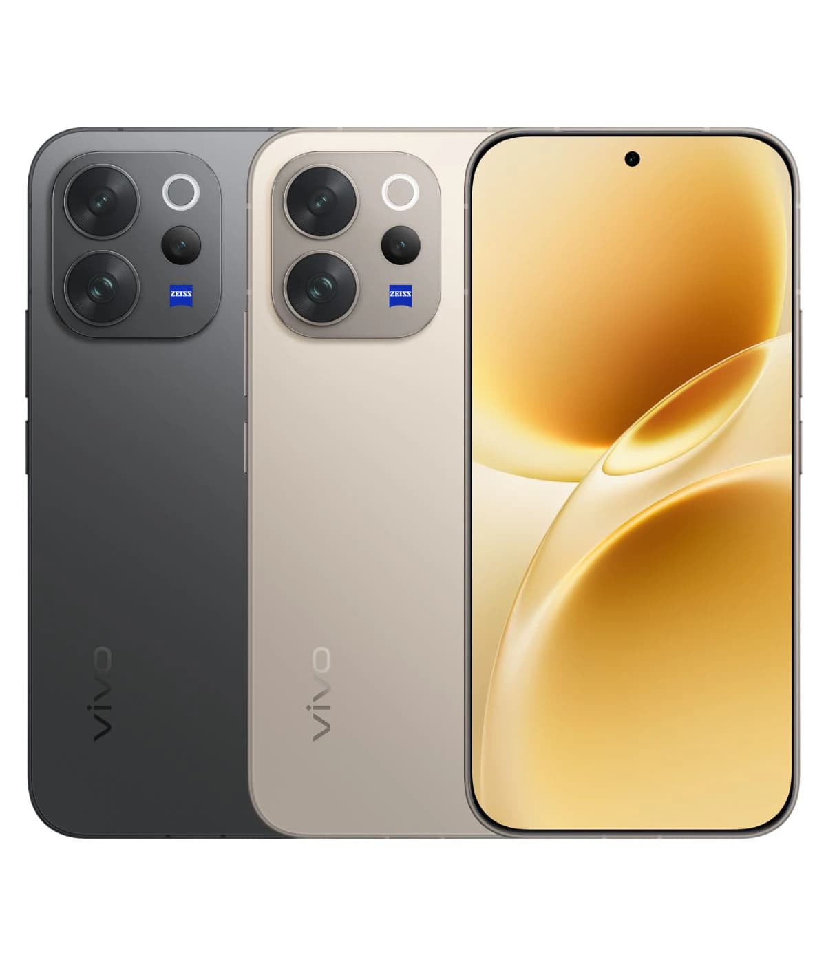 Vivo V70 smartphone in two colors: sleek black and elegant gold. Features a stunning display with minimal bezels and a dual-camera setup with Zeiss optics. Ideal for photography enthusiasts.