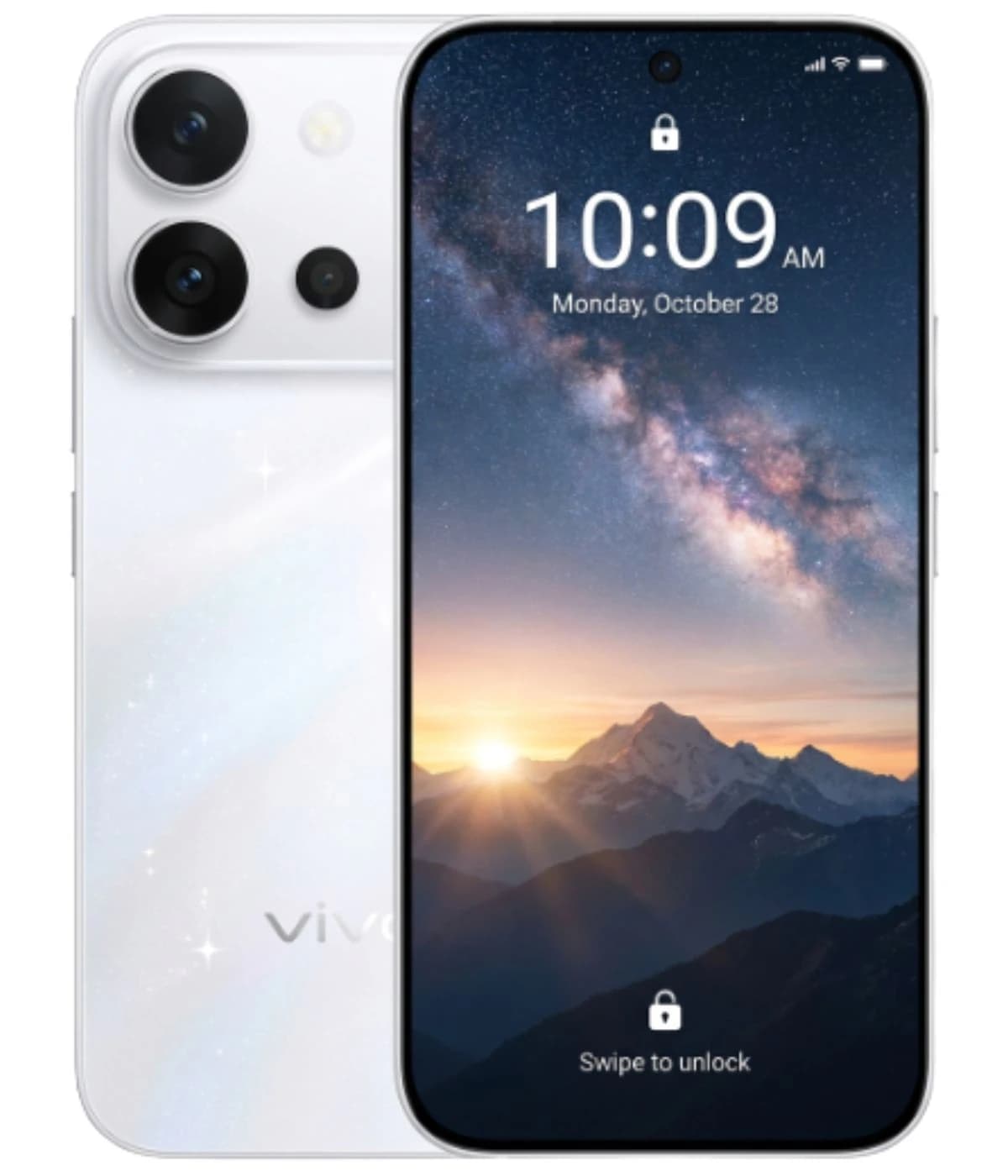 Vivo V80 smartphone featuring a sleek white design with a shimmering finish, dual rear cameras, and a vibrant display showcasing a mountain landscape at sunrise. The device is presented in a front view with a lock screen visible.