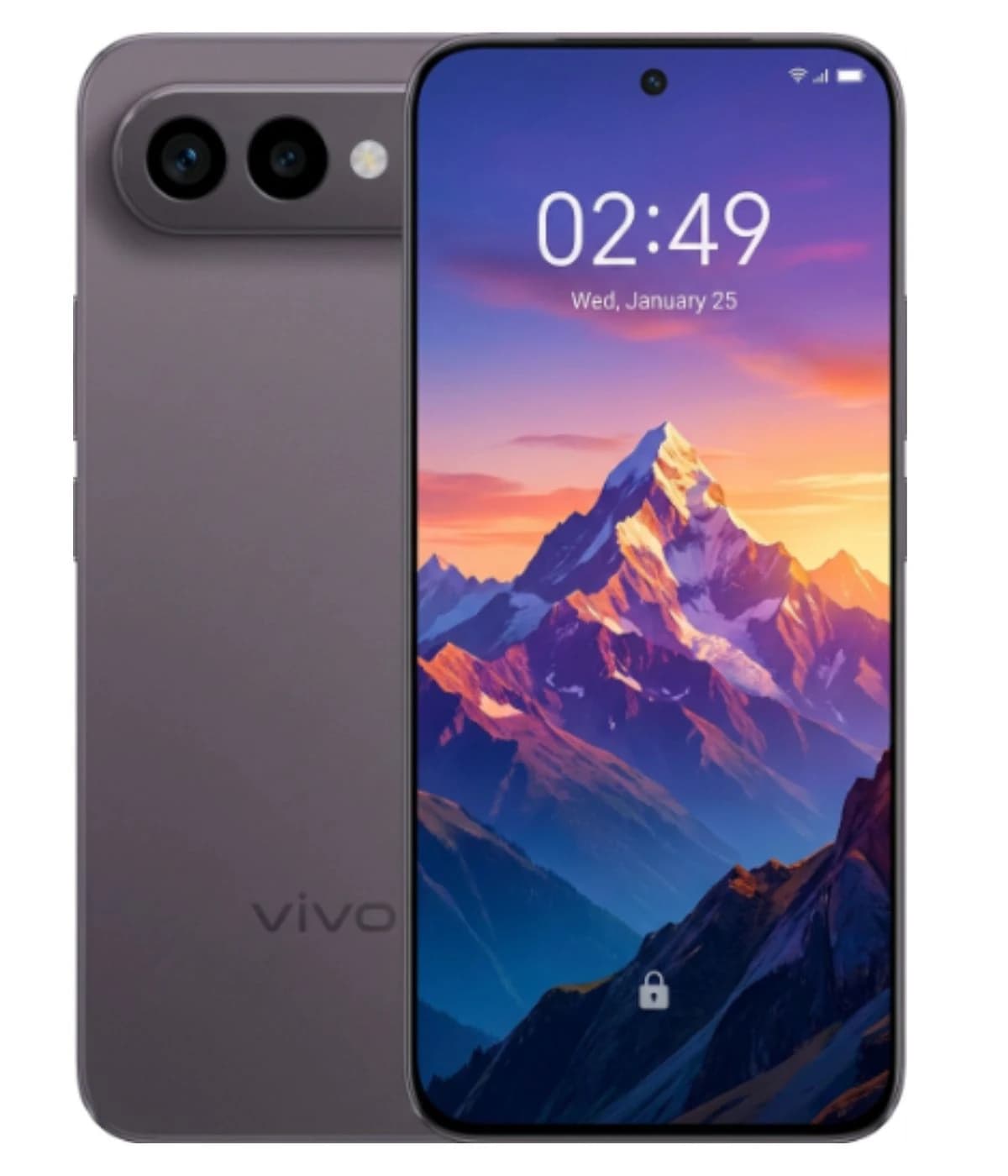 Vivo X300 FE smartphone in sleek gray color featuring a dual-camera setup and vibrant display showcasing a mountain landscape. The device displays the time 02:49 on the lock screen, emphasizing its modern design.