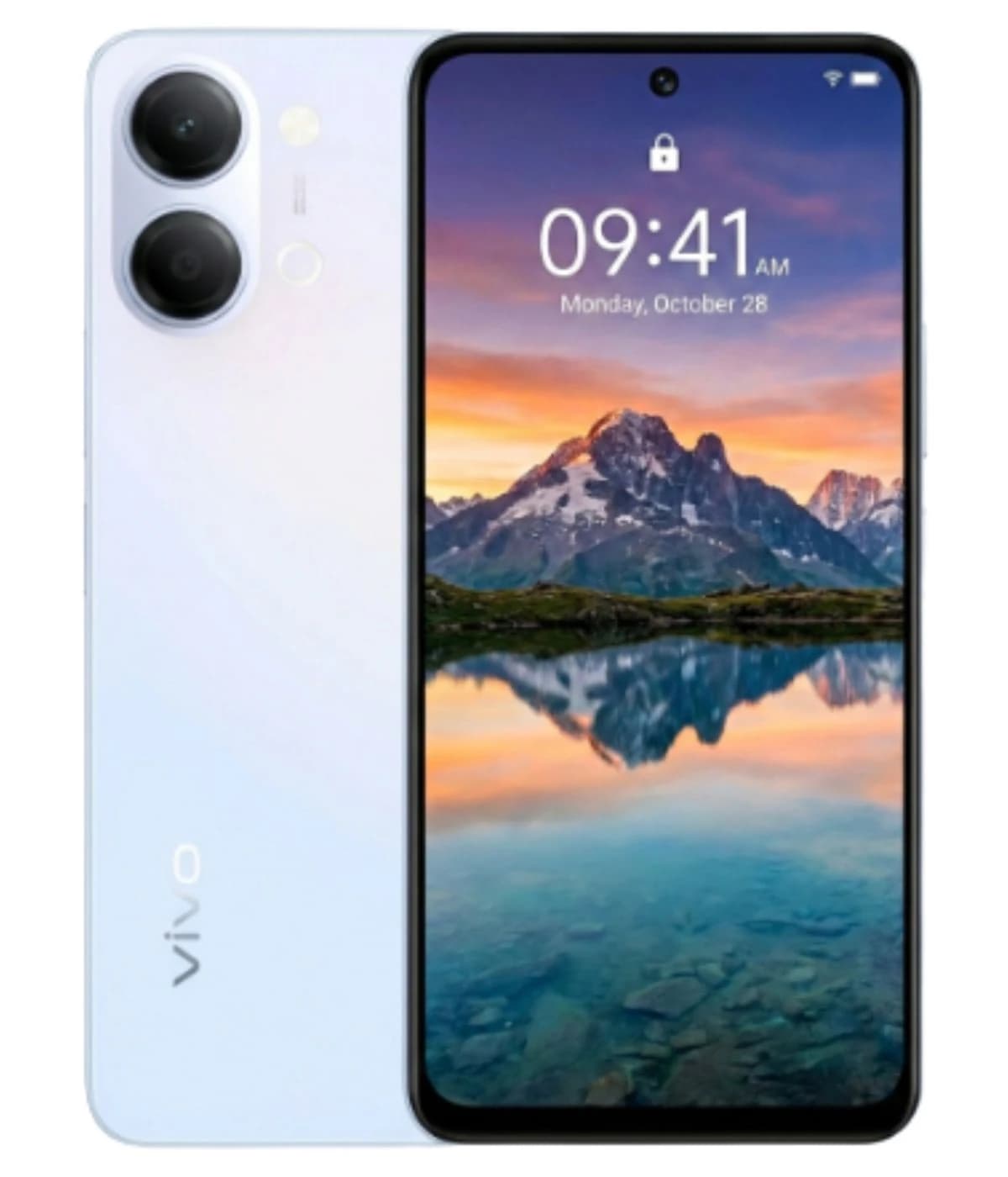 Vivo Y05 smartphone in a sleek white design featuring dual rear cameras, showcasing a vibrant display with a scenic mountain wallpaper. The device is positioned against a plain background, highlighting its modern aesthetics.