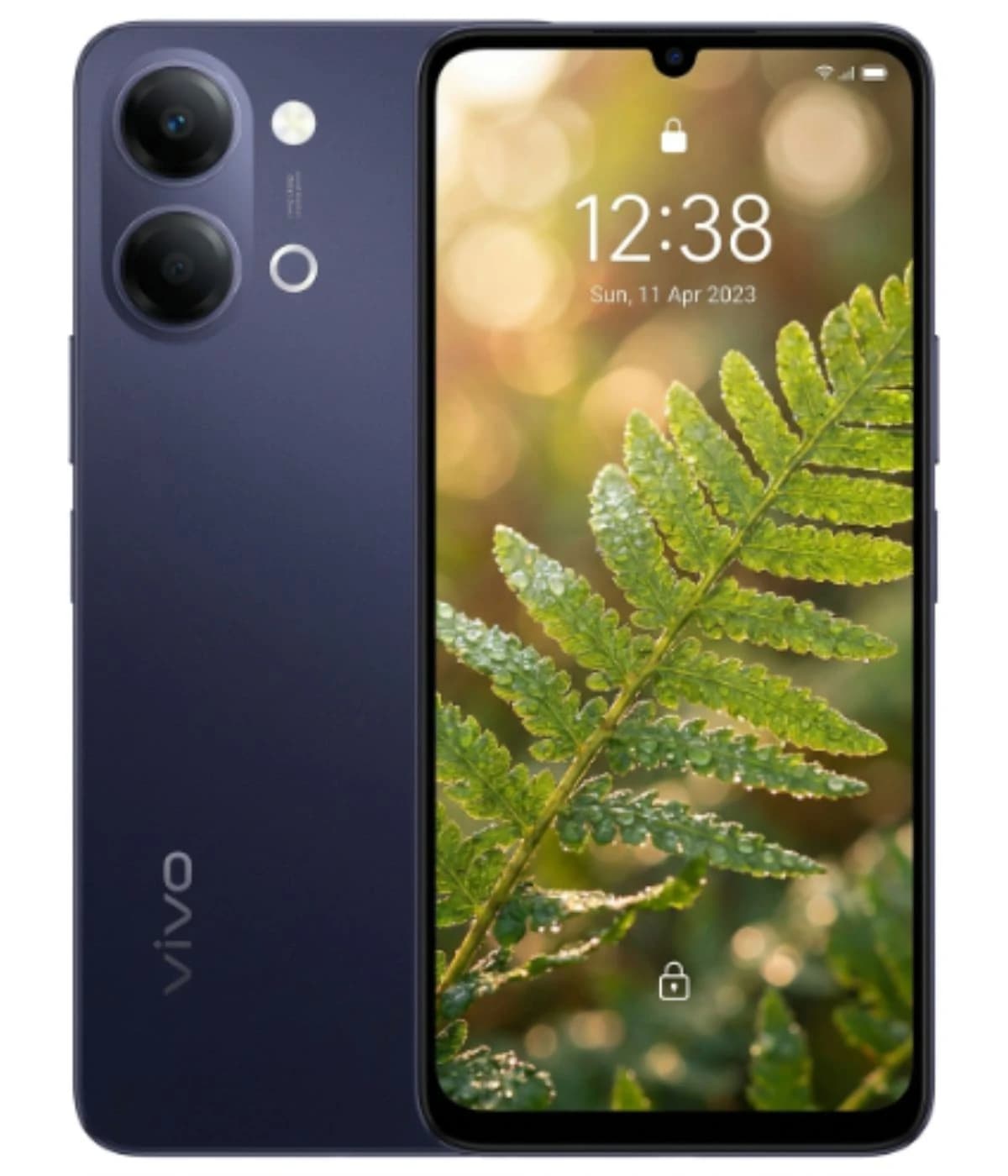 Vivo Y05 smartphone in navy blue color featuring a dual-camera setup and a vibrant display showcasing a fern leaf. The device has a sleek design with rounded edges and a modern aesthetic, ideal for tech enthusiasts.
