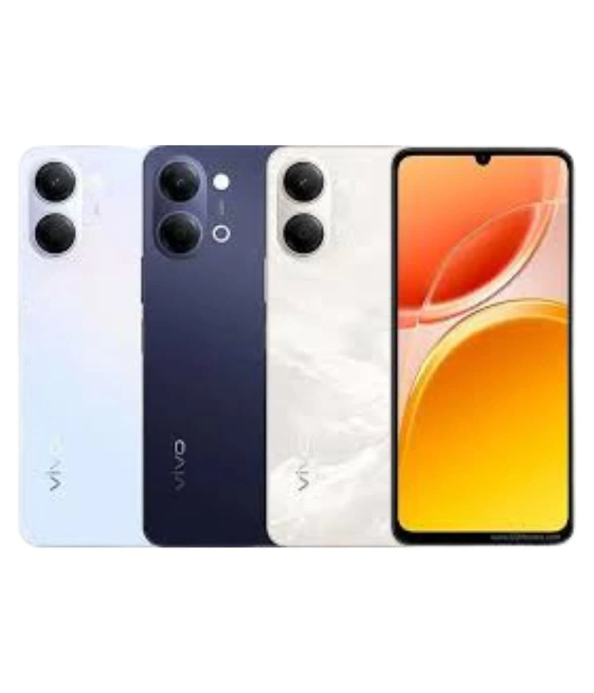 Vivo Y05 smartphone showcased in three color variants: light blue, navy blue, and white. Features dual rear cameras and a vibrant display with a waterdrop notch. Ideal for tech enthusiasts seeking style and functionality.