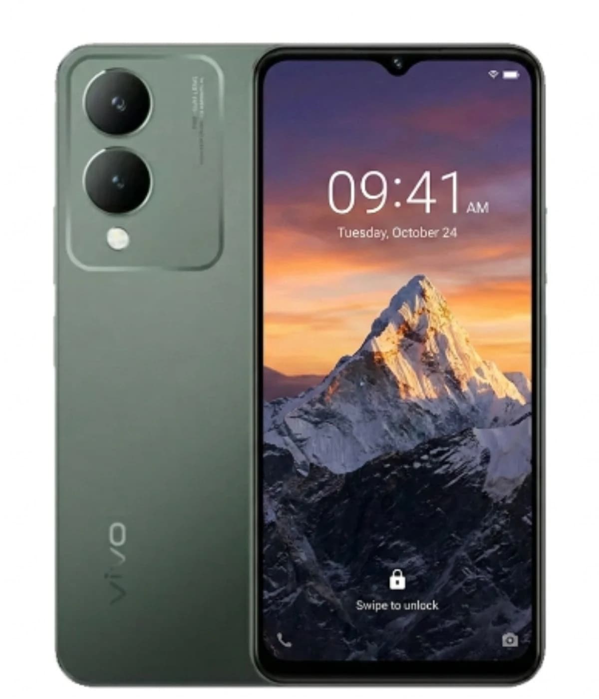Vivo Y17s smartphone in a sleek green finish, featuring a dual-camera setup on the back and a vibrant display showing a mountain landscape. The device is presented in a front view against a plain background.