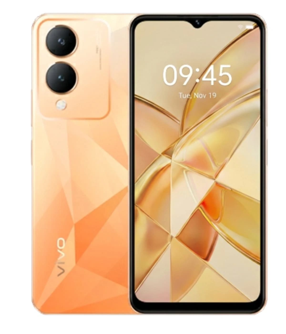 Vivo Y17s smartphone in a stunning peach color featuring a sleek design, dual rear cameras, and a vibrant display. The device showcases a modern geometric pattern on the back, enhancing its aesthetic appeal.