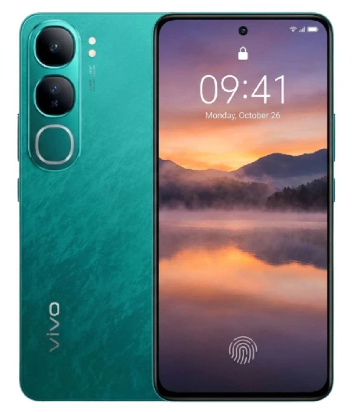 Vivo Y200 smartphone in vibrant teal color featuring a sleek design, dual rear cameras, and an immersive display showcasing a scenic sunset. The device includes a fingerprint sensor on the front.