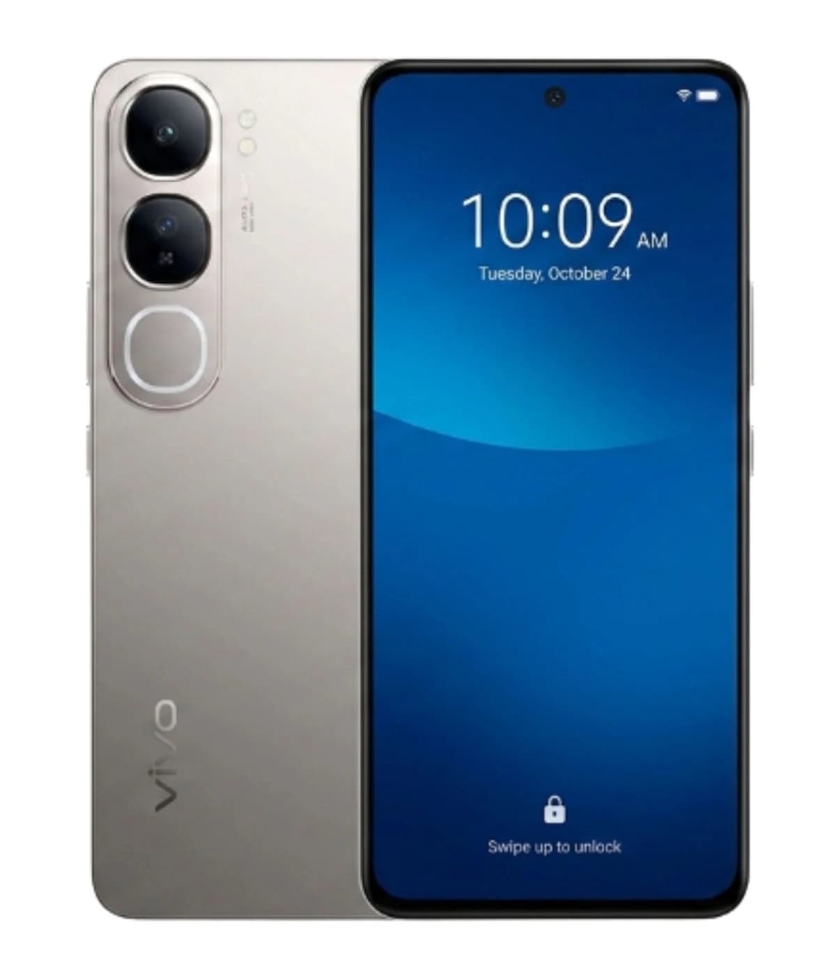 Vivo Y200 smartphone in sleek silver color featuring a dual-camera setup on the back and a vibrant blue display. The device showcases a modern design with a thin profile and minimal bezels, perfect for tech enthusiasts.