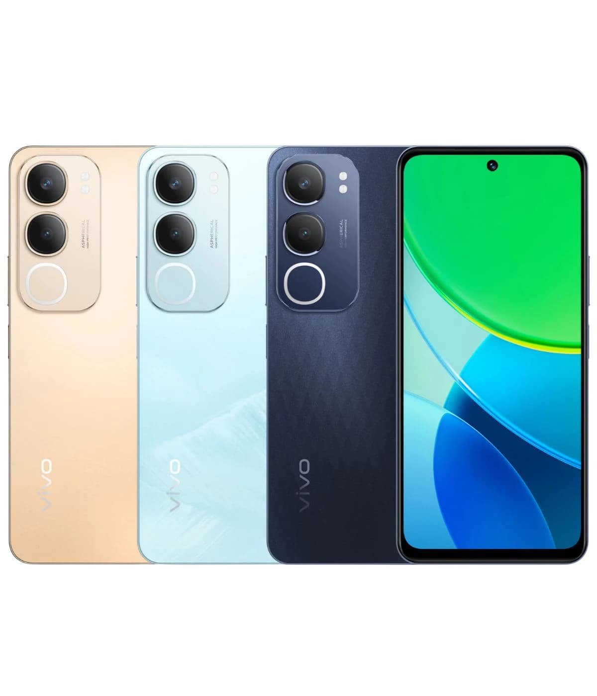 Vivo Y29 smartphone collection featuring three color variants: gold, light blue, and navy blue. Each phone showcases dual rear cameras and a sleek design, with the front view displaying a vibrant screen.