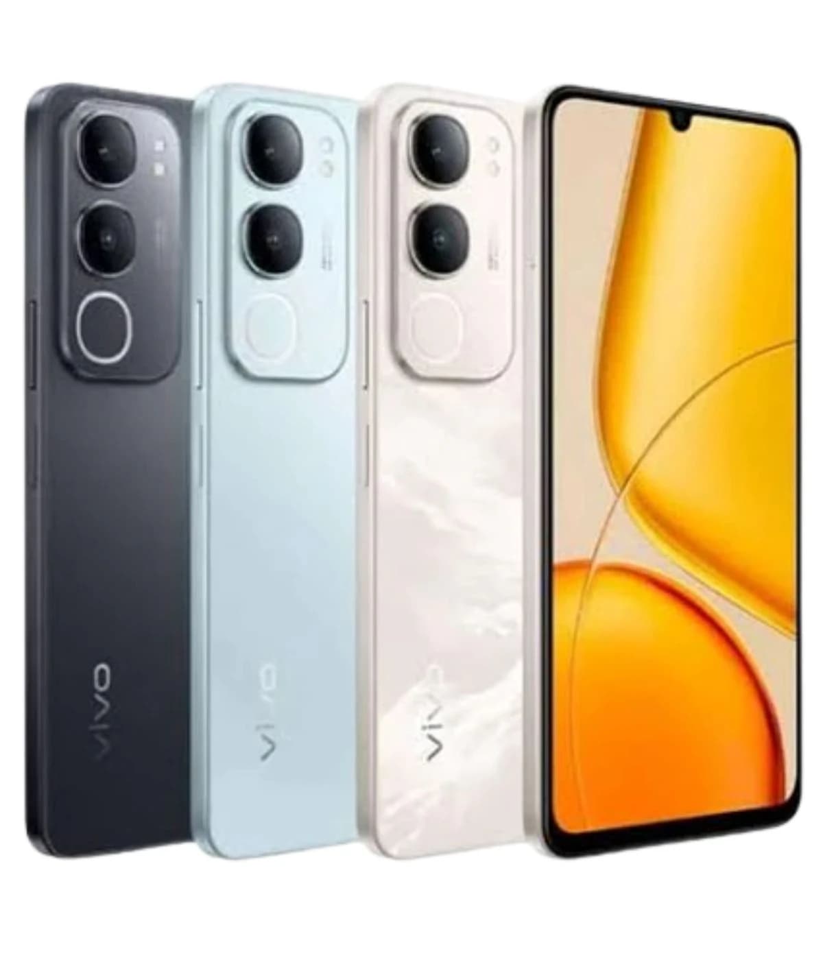 Vivo Y50 smartphone showcased in three stylish colors: black, blue, and white. Features dual rear cameras and a vibrant display with a waterdrop notch. Sleek design with a glossy finish, perfect for modern users.