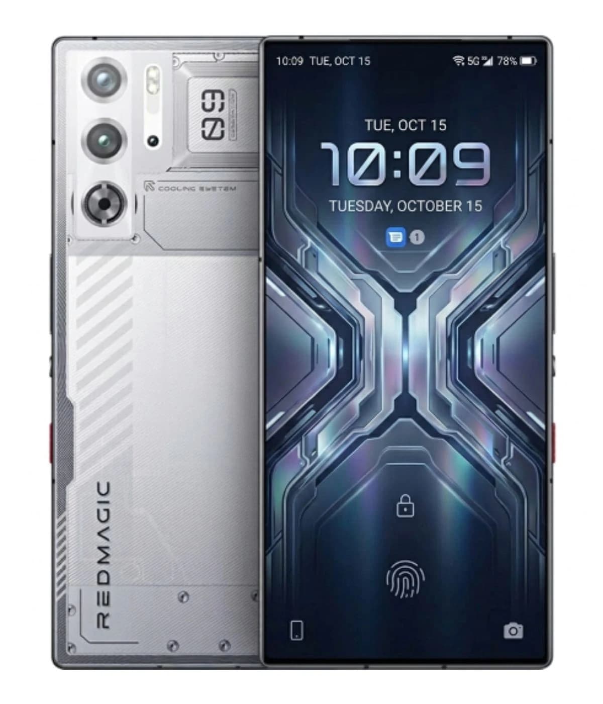 ZTE Nubia Red Magic 12 Pro smartphone featuring a sleek silver design with a futuristic cooling system, dual rear cameras, and a vibrant display showcasing the date and time. The device has a unique geometric pattern on the back and a fingerprint…