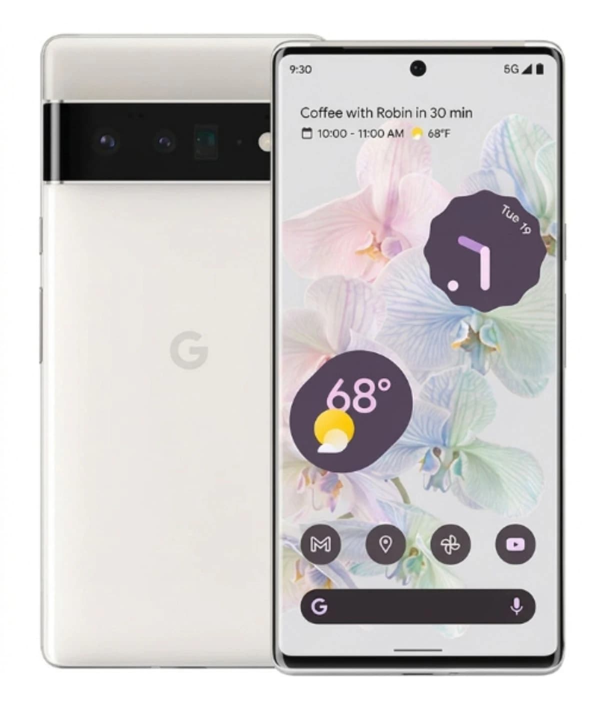 Google Pixel 6 Pro smartphone in a sleek white finish, showcasing a vibrant display with floral wallpaper and weather widget. Features a dual-tone design with a black camera bar on the back, highlighting its advanced camera system.