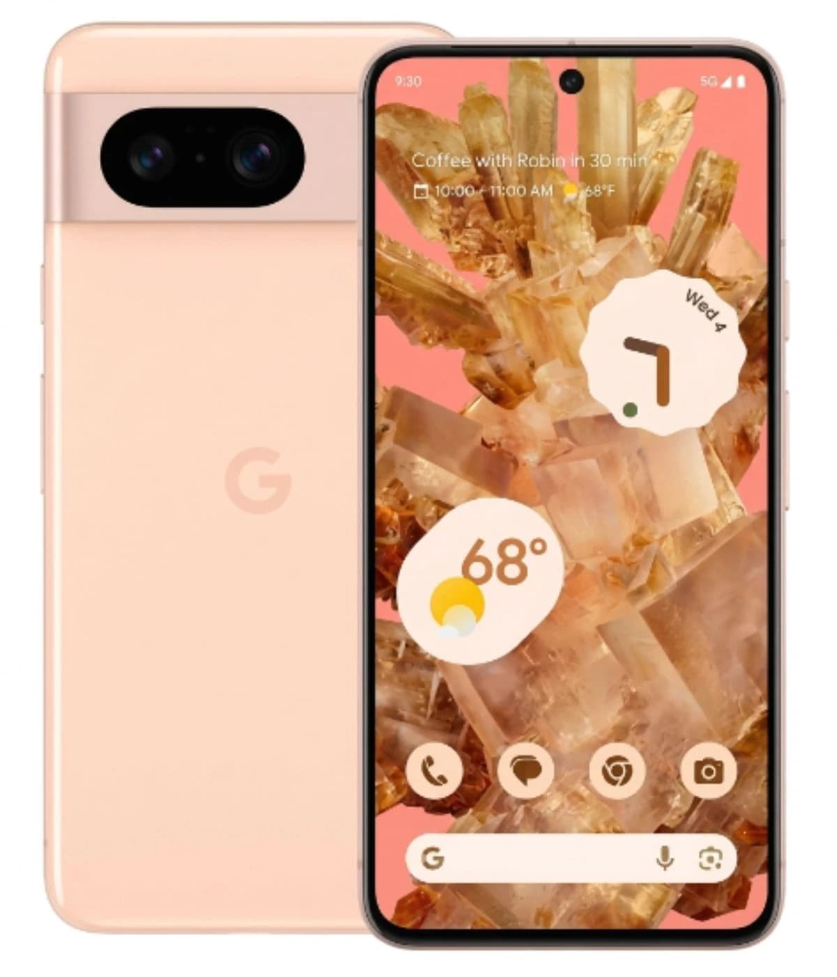 Google Pixel 8 smartphone in soft pink color with dual rear cameras and vibrant display showcasing a colorful home screen with weather and calendar widgets. The sleek design features a glass front and back, with a modern aesthetic.