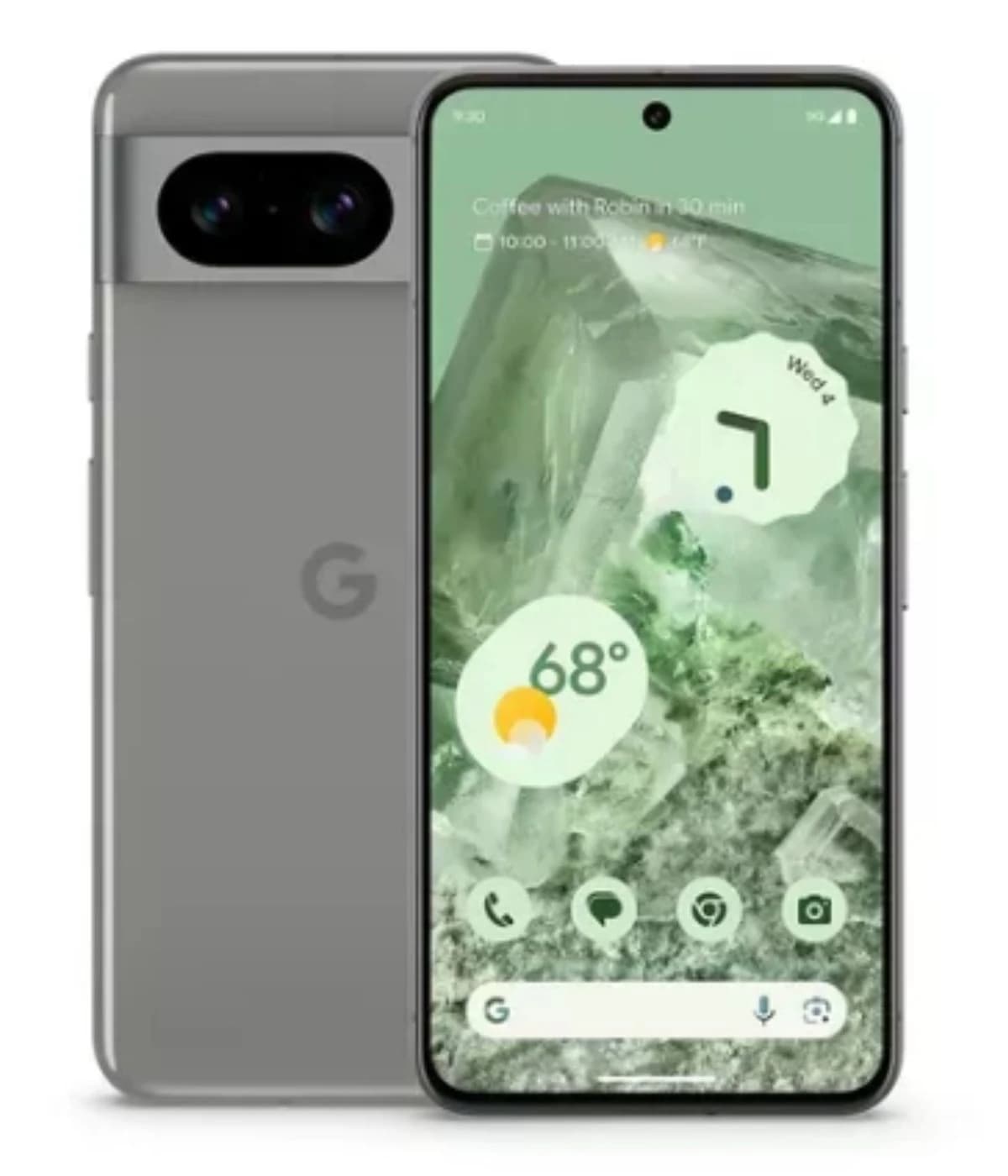 Google Pixel 8 smartphone in a sleek gray finish, showcasing a vibrant display with weather and calendar widgets. The back features a dual-camera setup, emphasizing modern design and functionality.