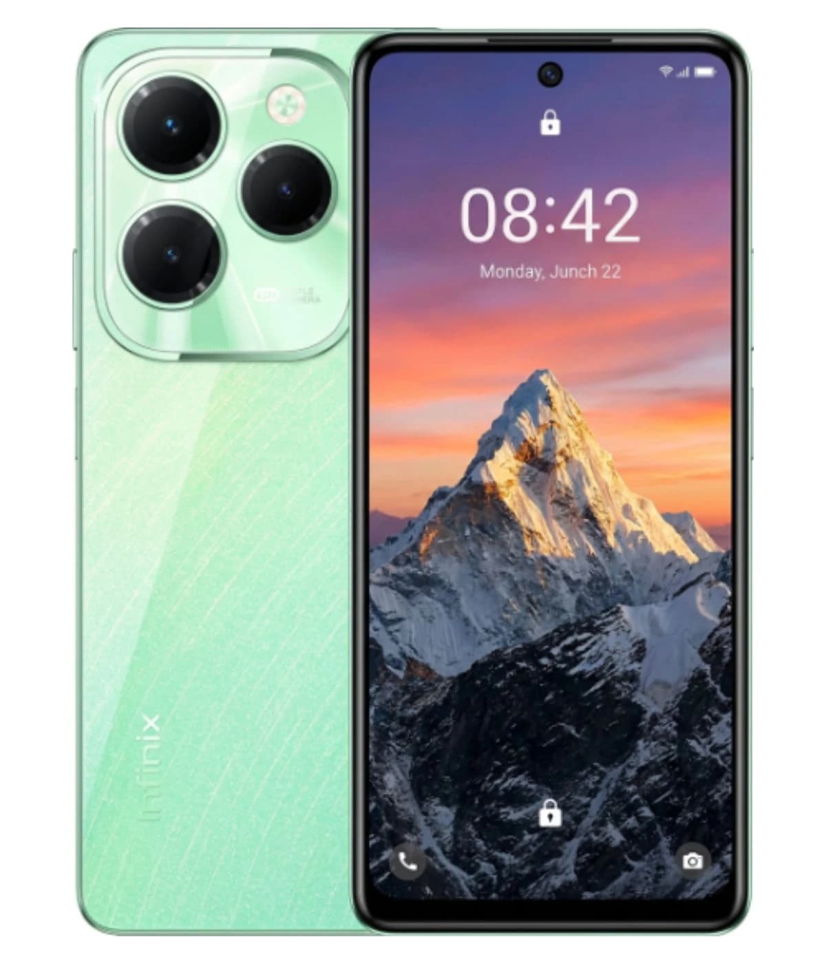 Infinix Hot 40 smartphone in a stunning mint green color with a sleek design. Features a triple camera setup on the back and a vibrant display showcasing a mountain landscape. Front view highlights the modern aesthetic and user interface.