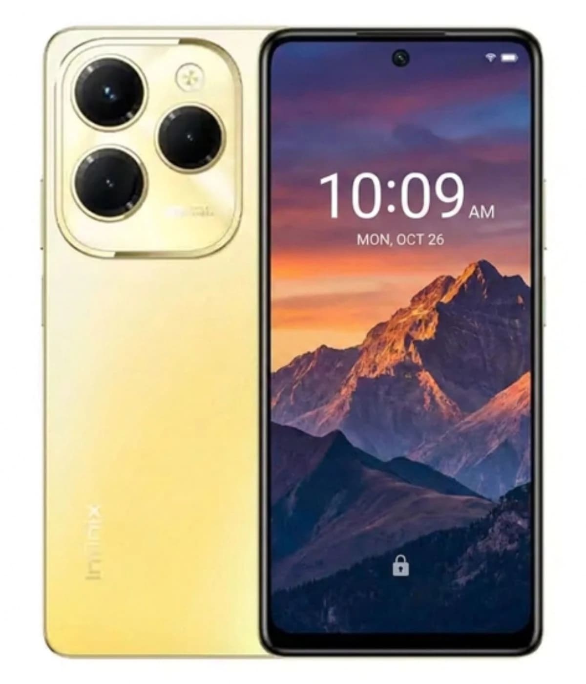 Infinix Hot 40 Pro smartphone in a sleek gold finish, featuring a triple camera setup on the back and a vibrant display showing a mountain landscape. The device has a modern design with a thin profile and a front-facing camera at the top center.