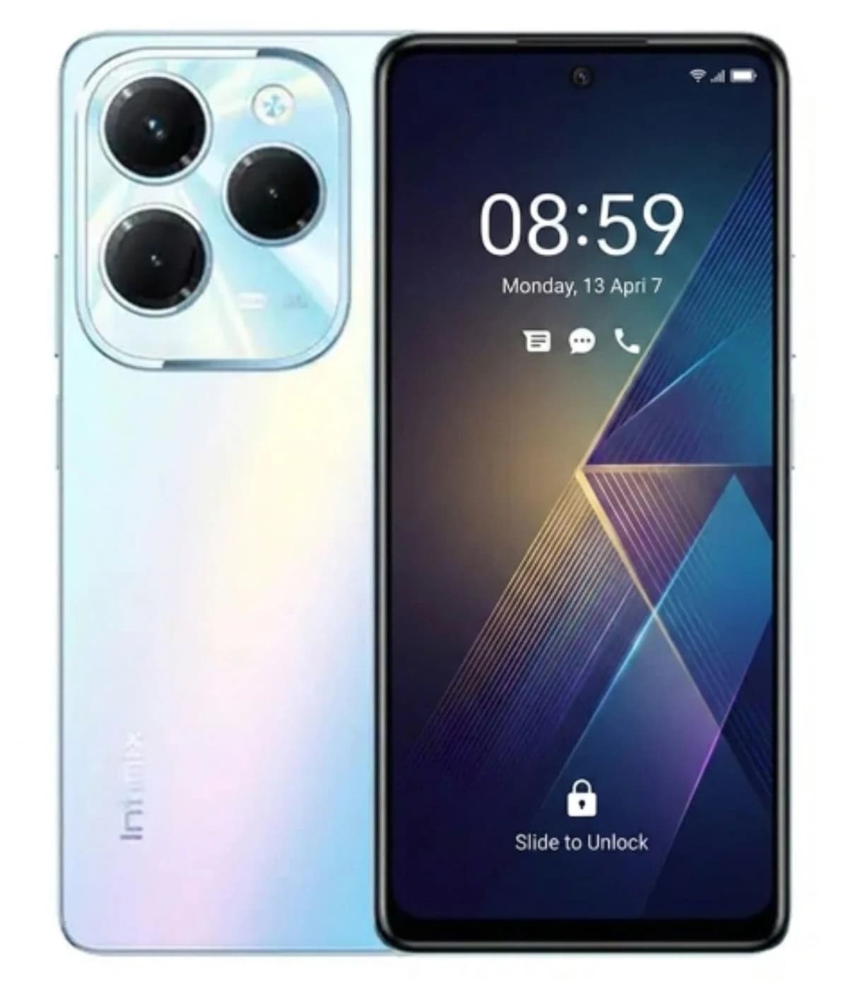 Infinix Hot 40 Pro smartphone featuring a sleek design with a shimmering light blue gradient finish. The back showcases a triple camera setup with a glossy surface. The front displays a vibrant lock screen with time and date, emphasizing its modern…