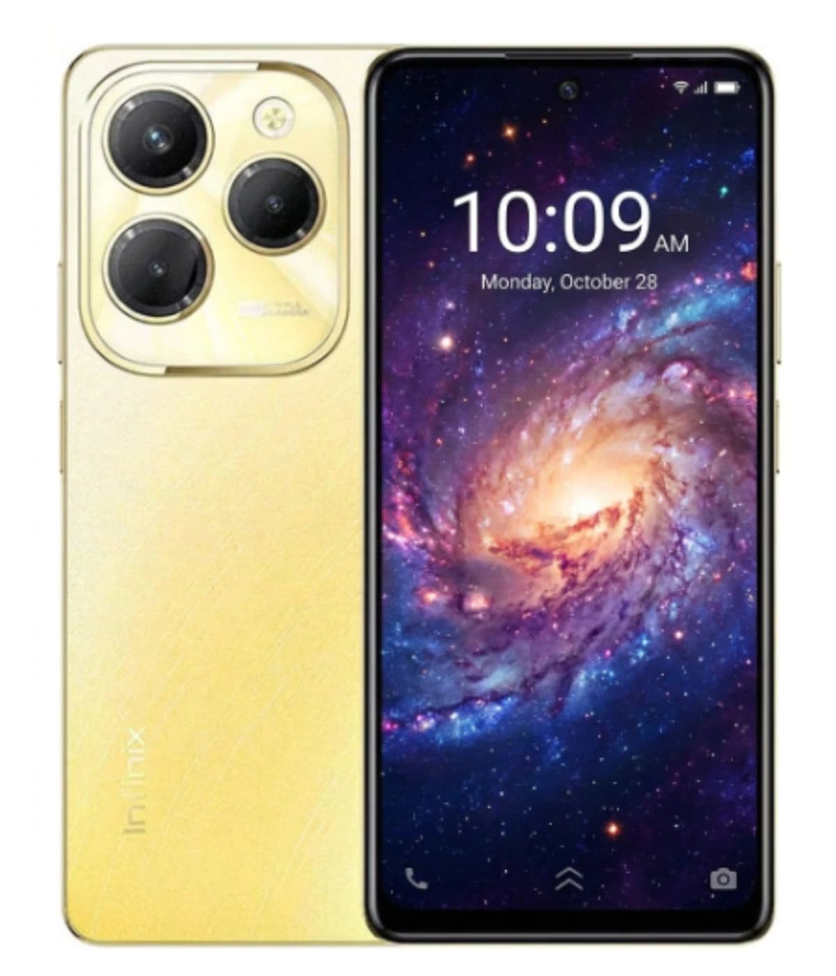 Infinix Hot 40 smartphone in a stunning golden color with a sleek design. Features a vibrant display showcasing a cosmic wallpaper and a triple-camera setup on the back. The phone has a modern aesthetic with a glossy finish and is shown from a…