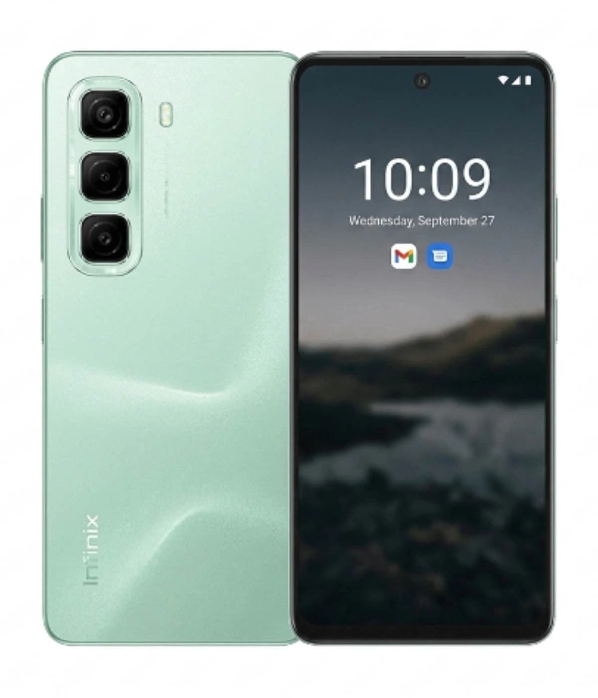 Infinix Hot 50 smartphone in mint green color featuring a sleek design, triple rear camera setup, and a vibrant display showing the time and date. The phone has a modern aesthetic with a smooth finish and is displayed against a plain background.