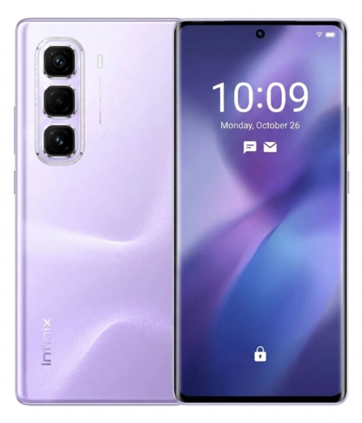 Infinix Hot 50 smartphone in a stunning lavender color featuring a sleek design, triple rear camera setup, and a vibrant display showing the time and date. The device has a glossy finish and is presented from a front view against a plain background.