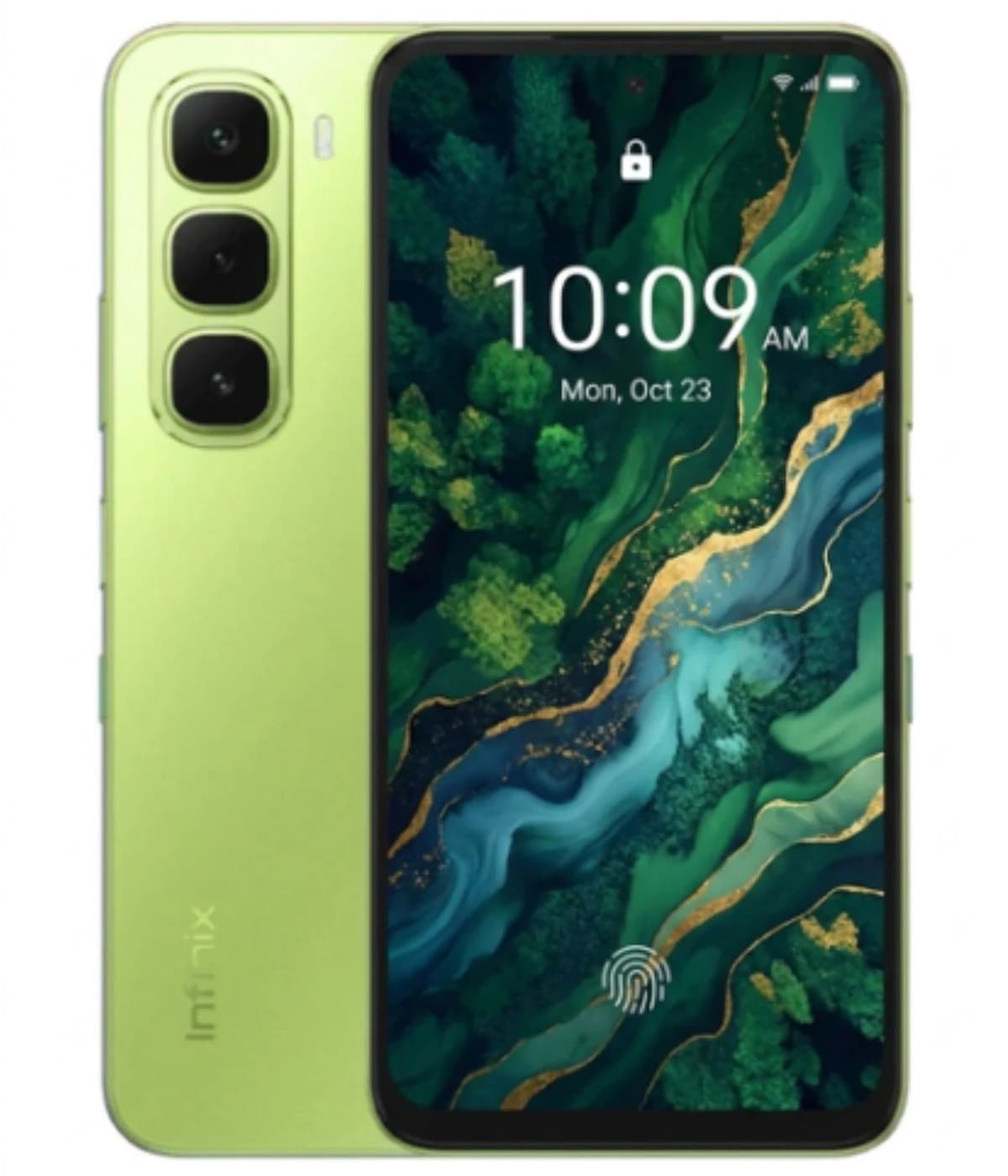 Infinix Hot 60i smartphone in vibrant green color featuring a sleek design, triple rear camera setup, and a stunning display showcasing a nature-themed wallpaper. The device is shown from the front with a fingerprint sensor visible on the screen.