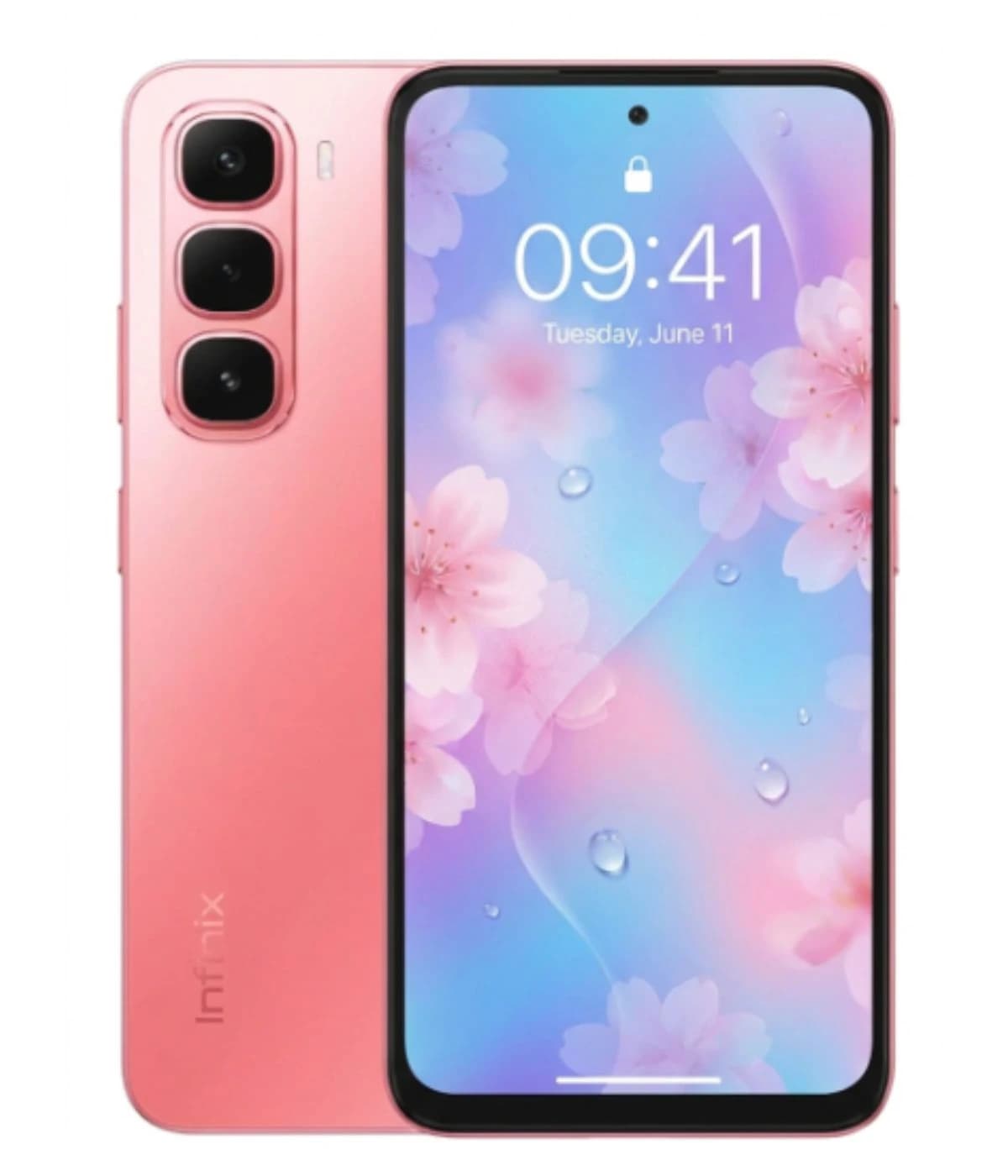 Infinix Hot 60i smartphone in a stylish pink color with a vibrant floral wallpaper on the display. Features a sleek design with three rear cameras and a modern front view. Ideal for tech enthusiasts seeking elegance and functionality.