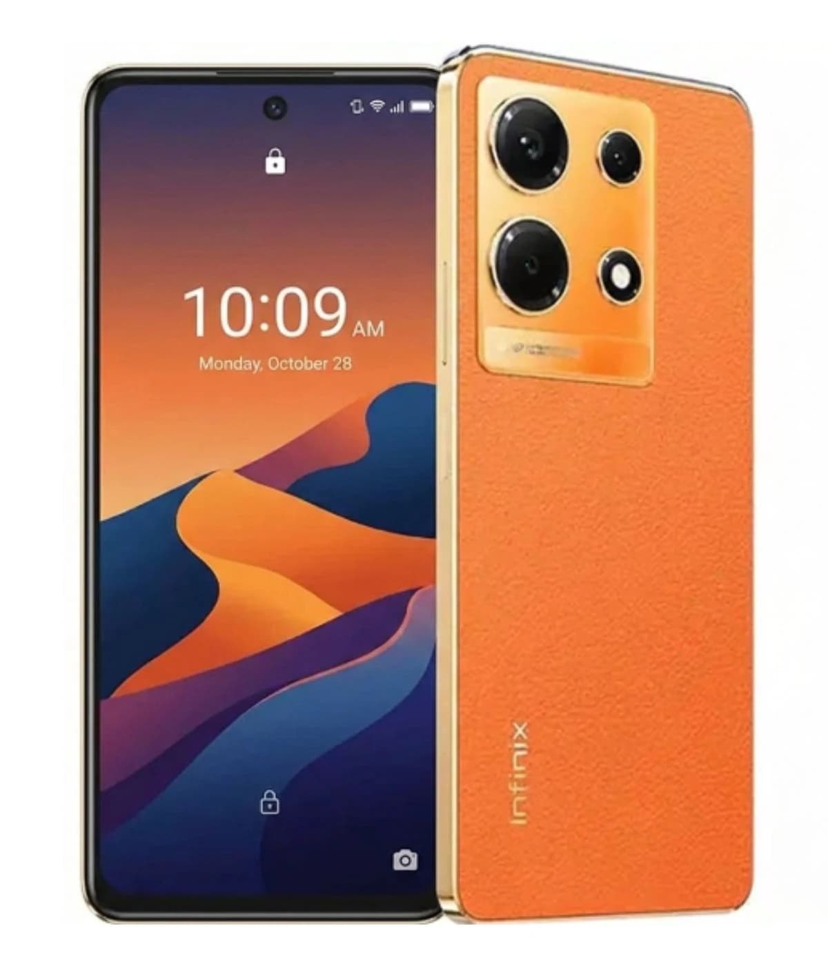 Infinix Note 30 smartphone featuring a vibrant orange textured back, sleek design, and a stunning display showing the time 10:09 AM. The device has a triple camera setup on the back and a modern front view.